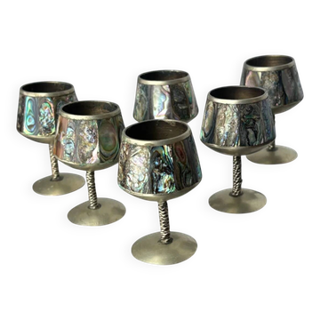 Verres à shot en coquille d'abalone et en alpaga, ensemble de 6, Mexique, 1970