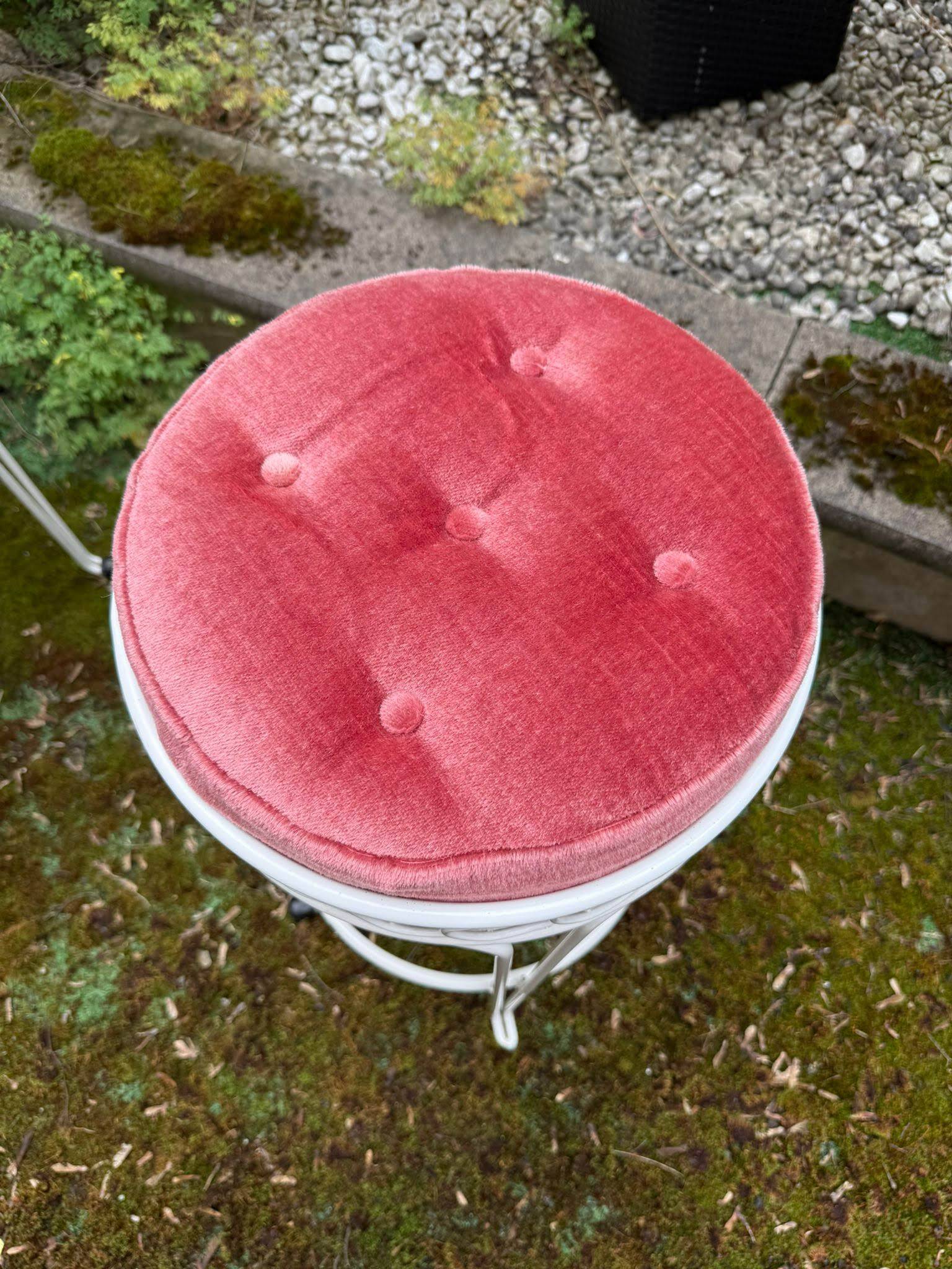 Vintage Bar Stool Pair – White Metal & Pink Velvet – 60/70