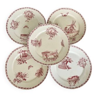 Set 5 plates Terre de Fer flat Badonviller stamped F.T model screen