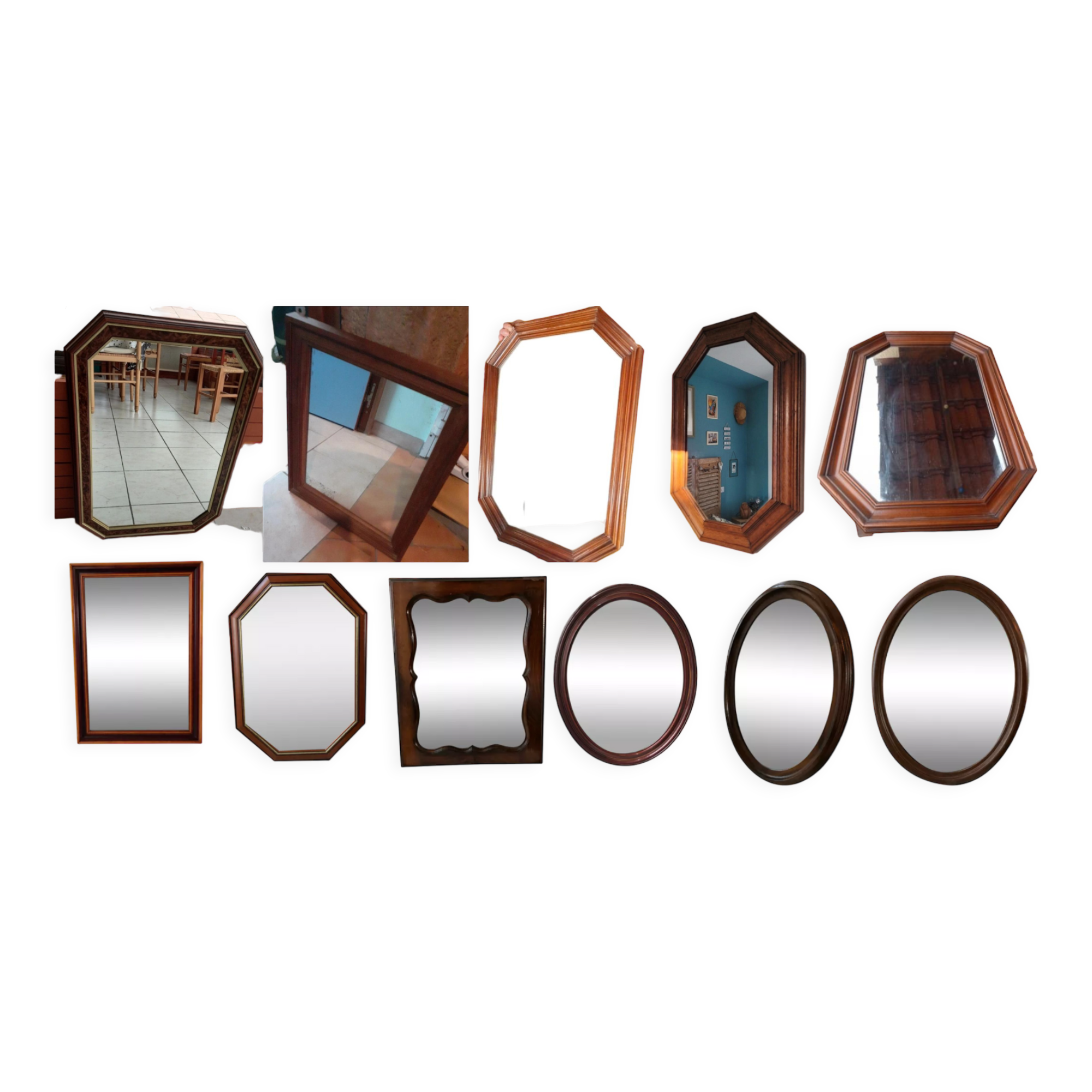 Set of 11 vintage wooden mirrors >60cm