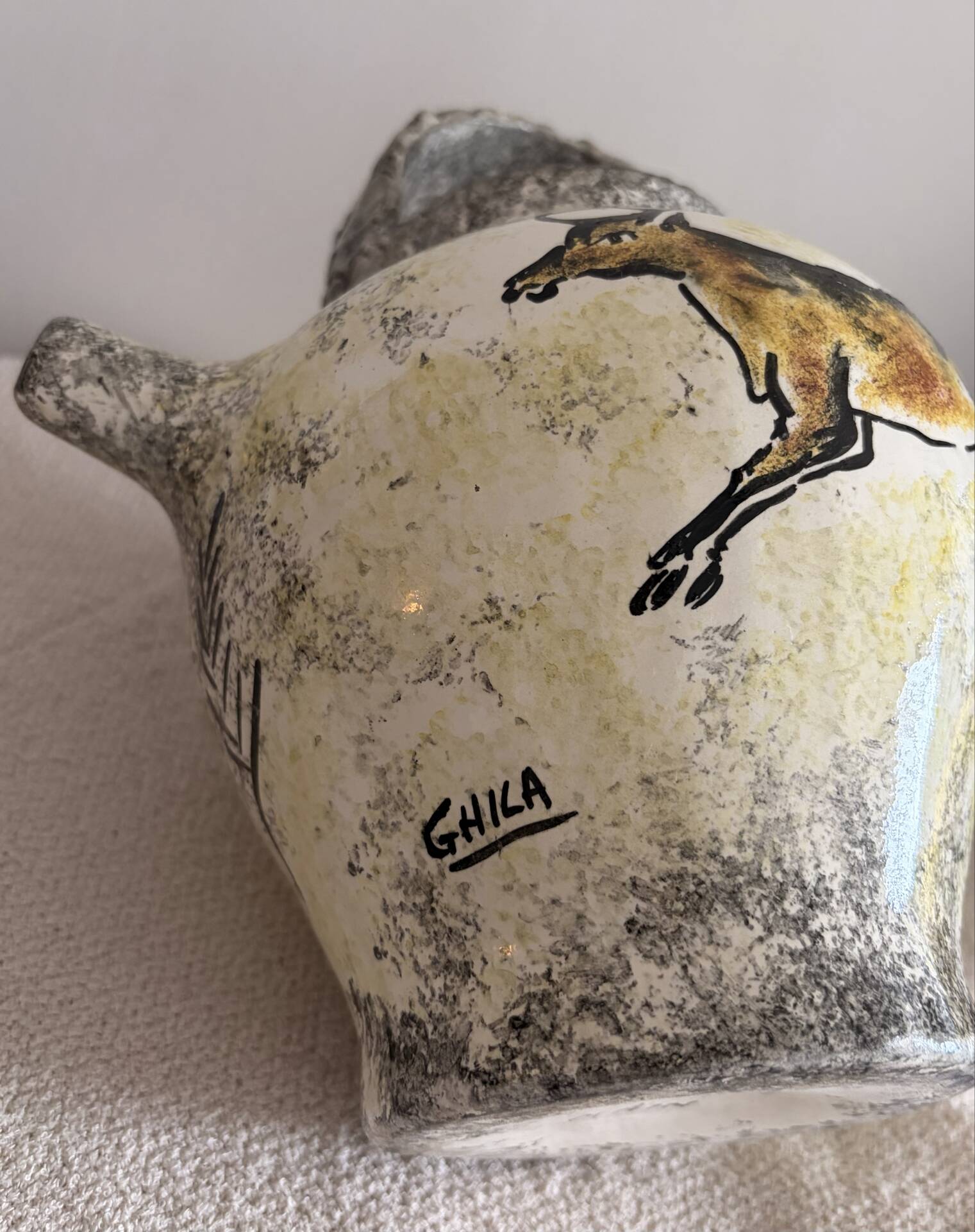 Vintage French Studio Ceramic Pitcher by Ghila – Lascaux Cave Art Styl