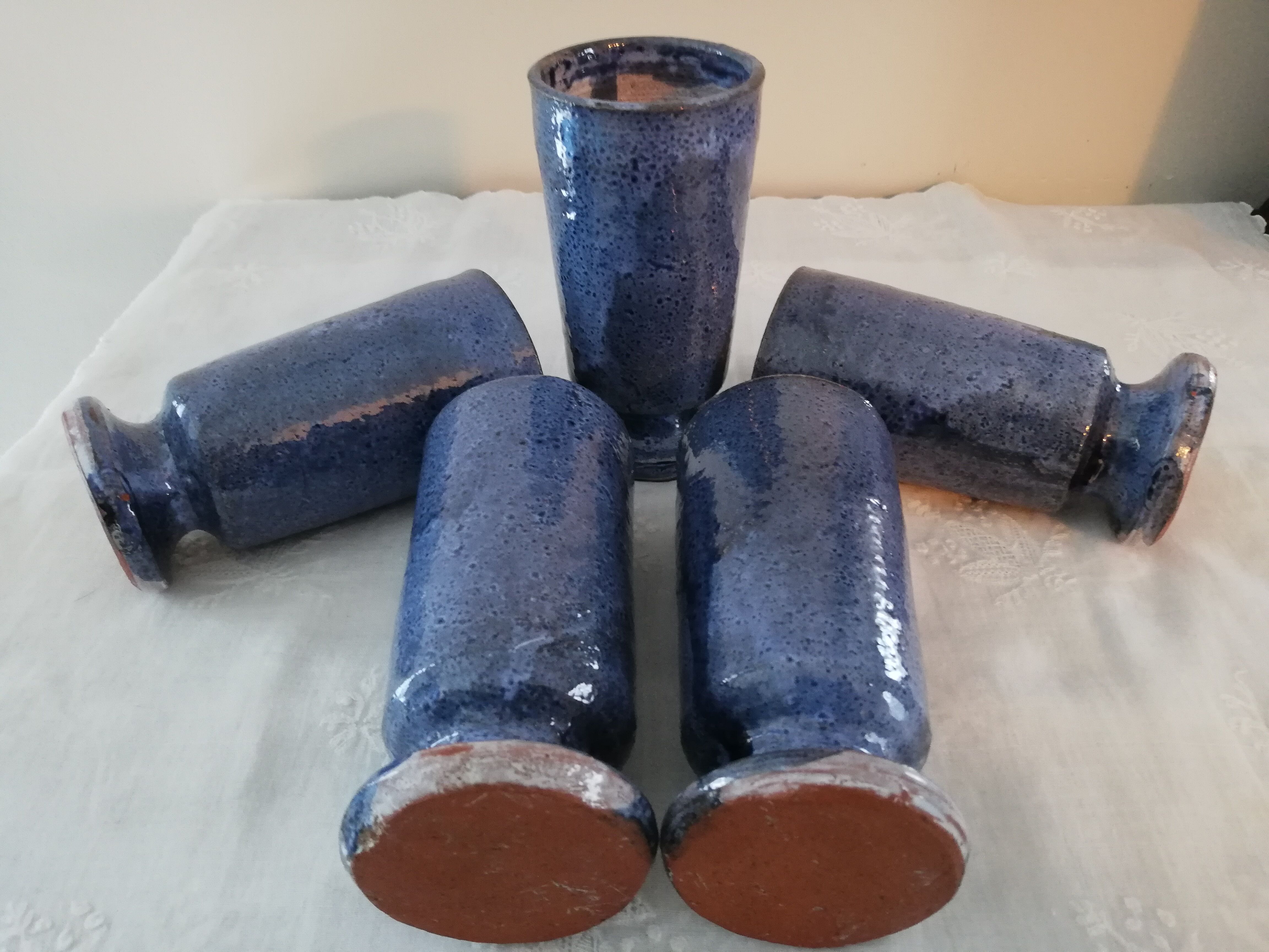 Set of 5 blue mazagrans in glazed stoneware