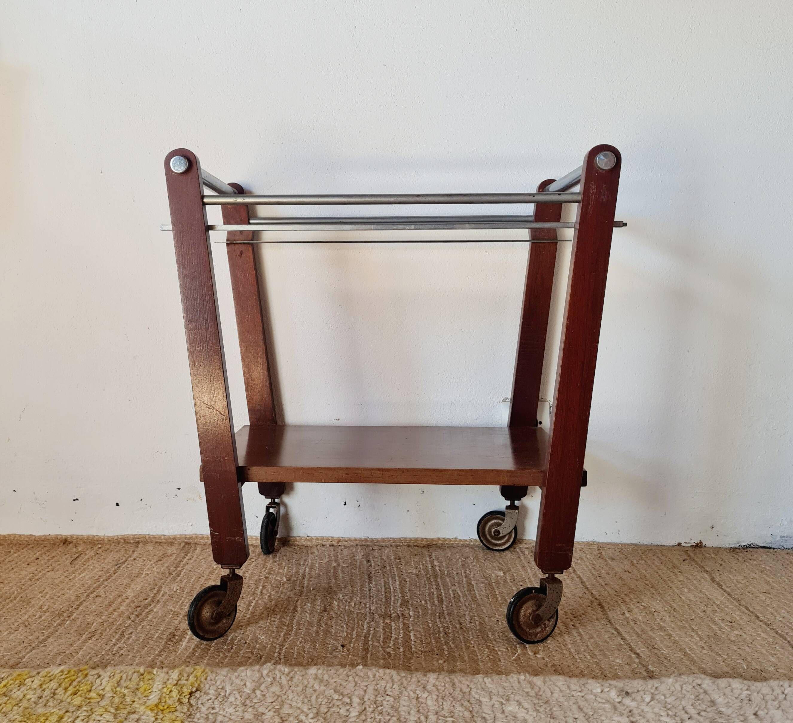 Vintage wooden and metal side table | Retro rolling cart