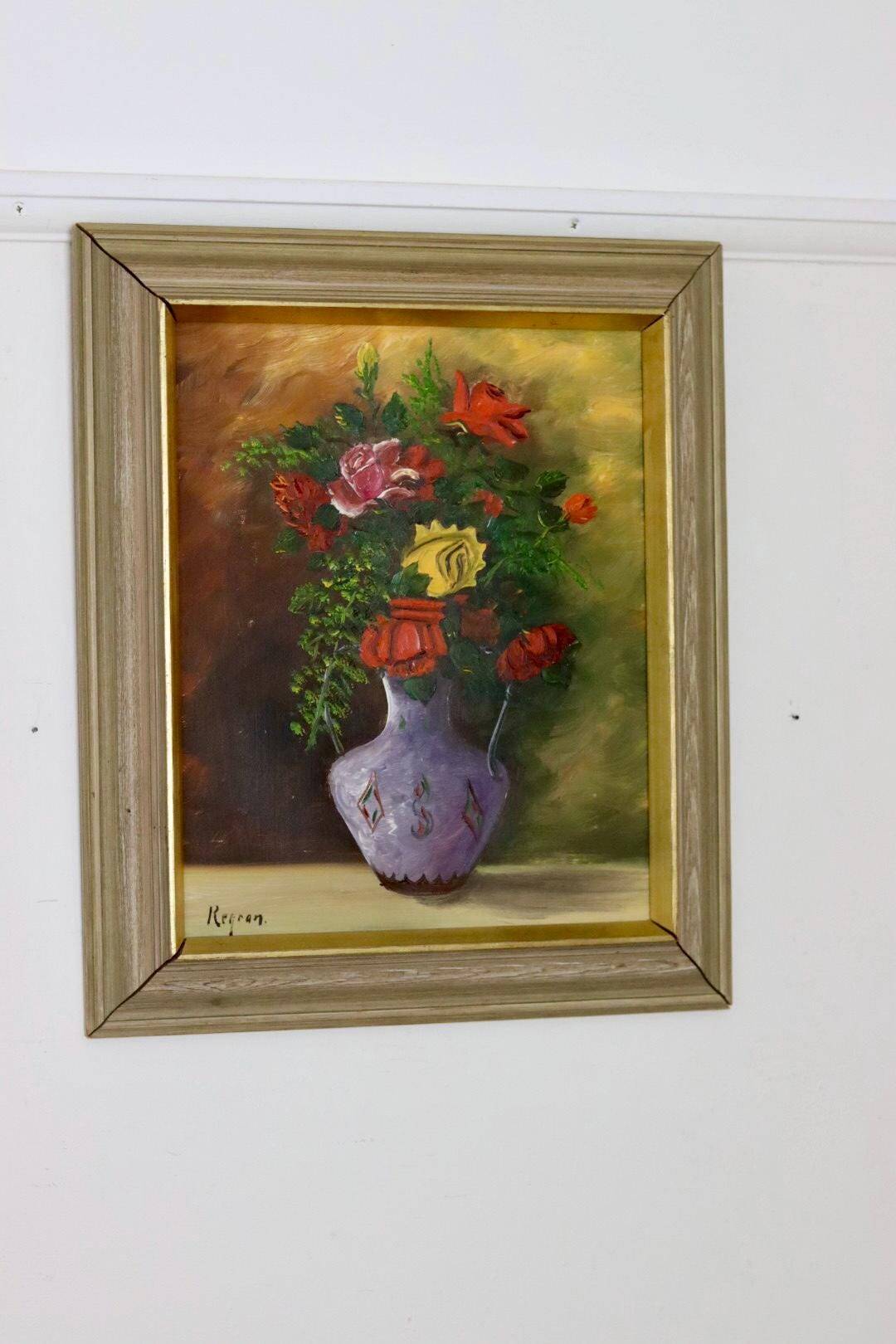 Original Swedish oil on panel "Flowers" by Regran - Vintage & Framed