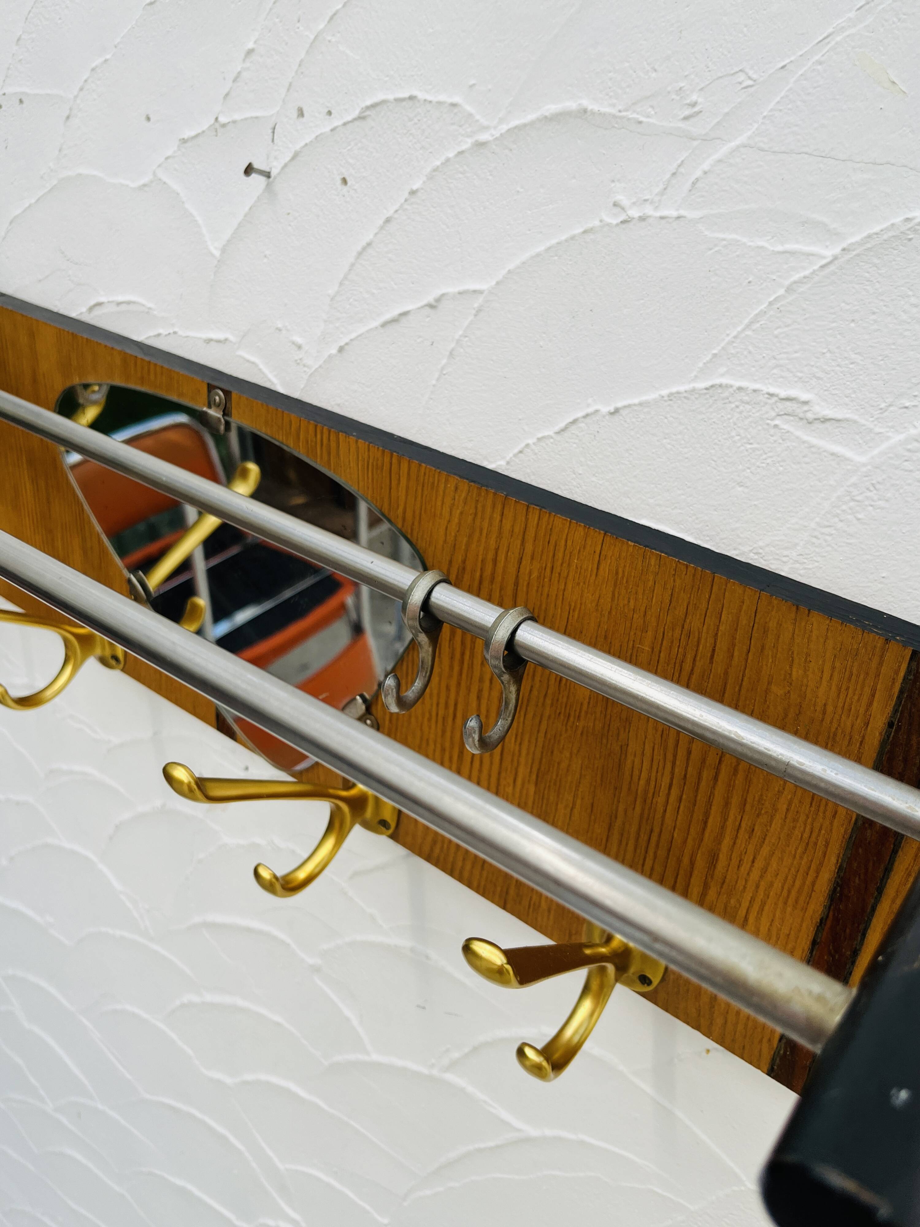 Vintage teak wall coat rack with mirror
