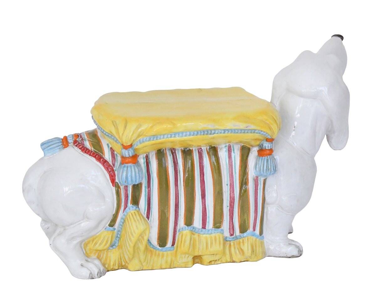 Stool or stand in earthenware depicting a white dachshund.