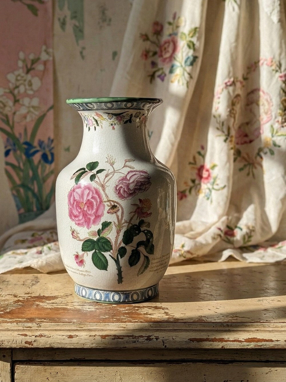 Impressive cracked earthenware vase with polychrome botanical decoration by Wong Lee, 1895, vintage.
