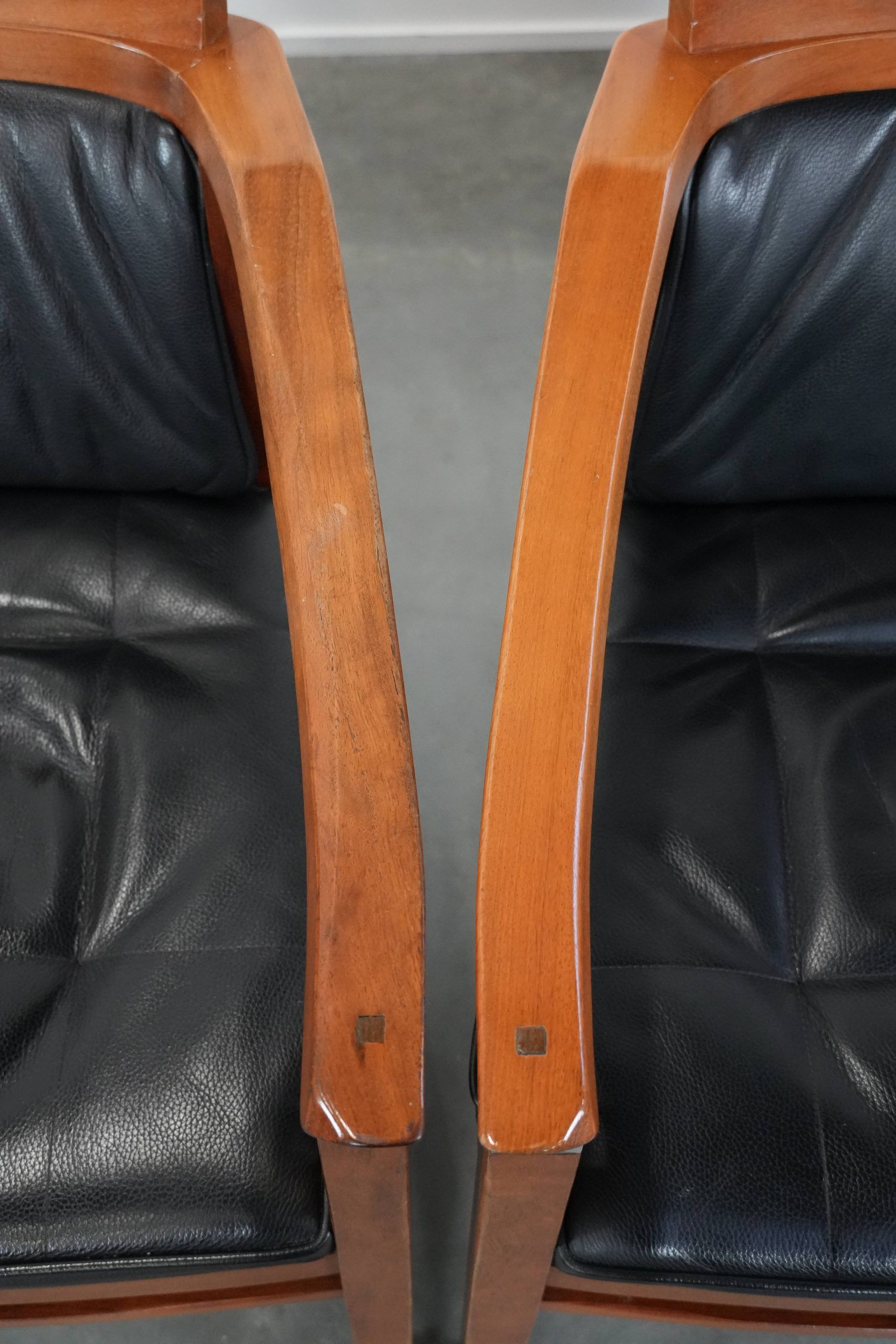 Set of 4 luxury black leather Art Deco dining chairs with armrests