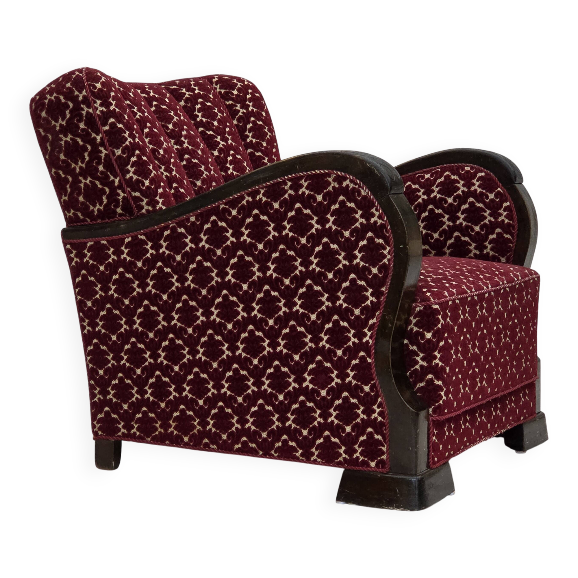 1960s, Danish armchair, cherry-red furniture velour, oak wood.