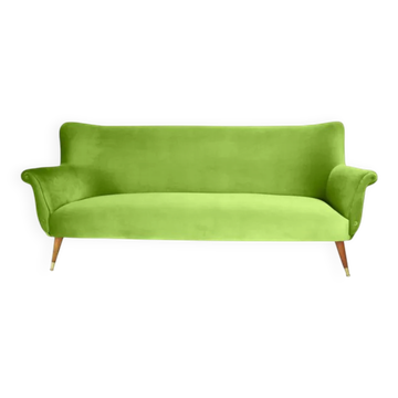 Three-seater velvet sofa, 1960s, pistachio, restored.