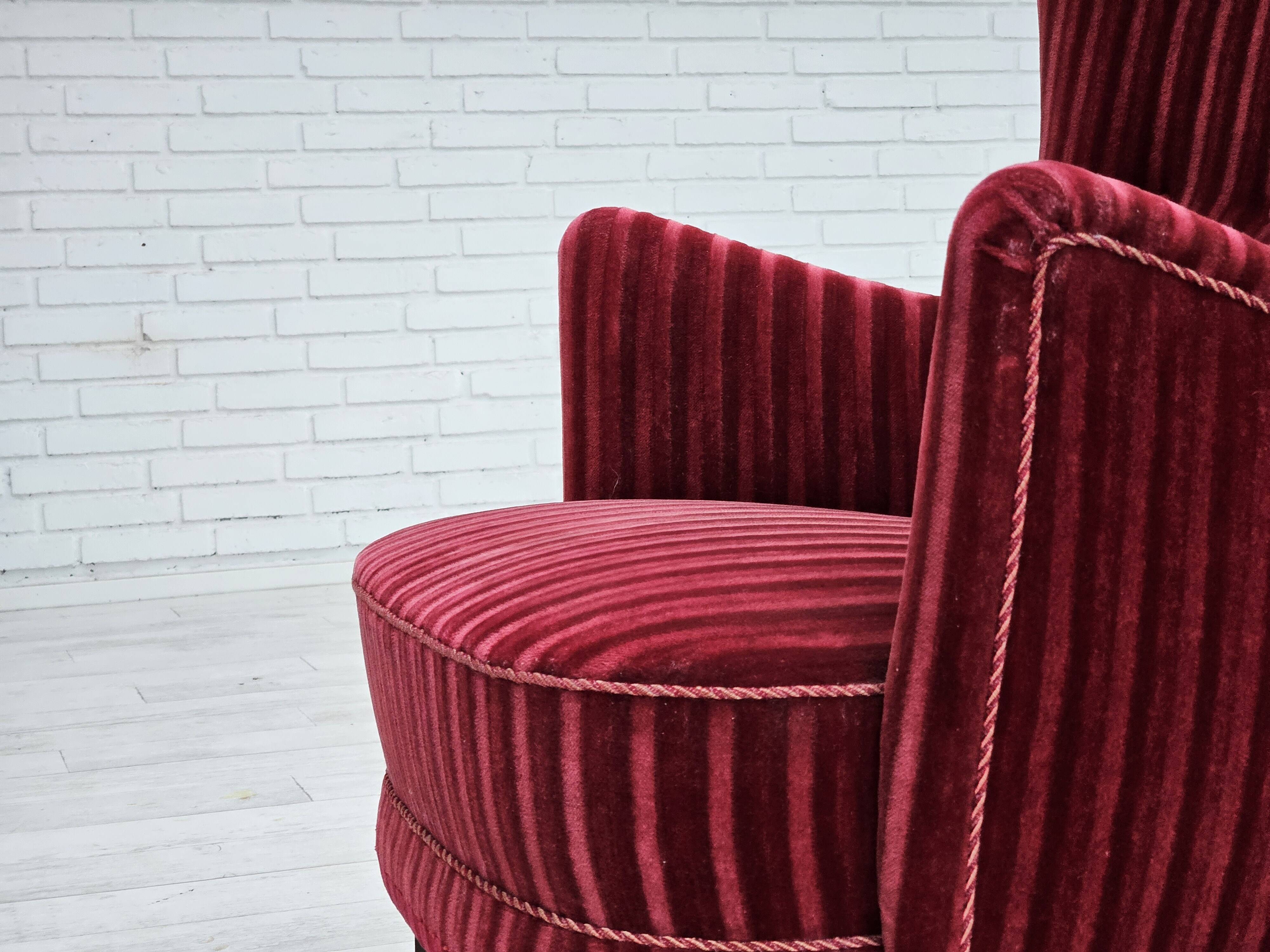 1960s, Danish armchair in cherry-red furniture velour, original condition.