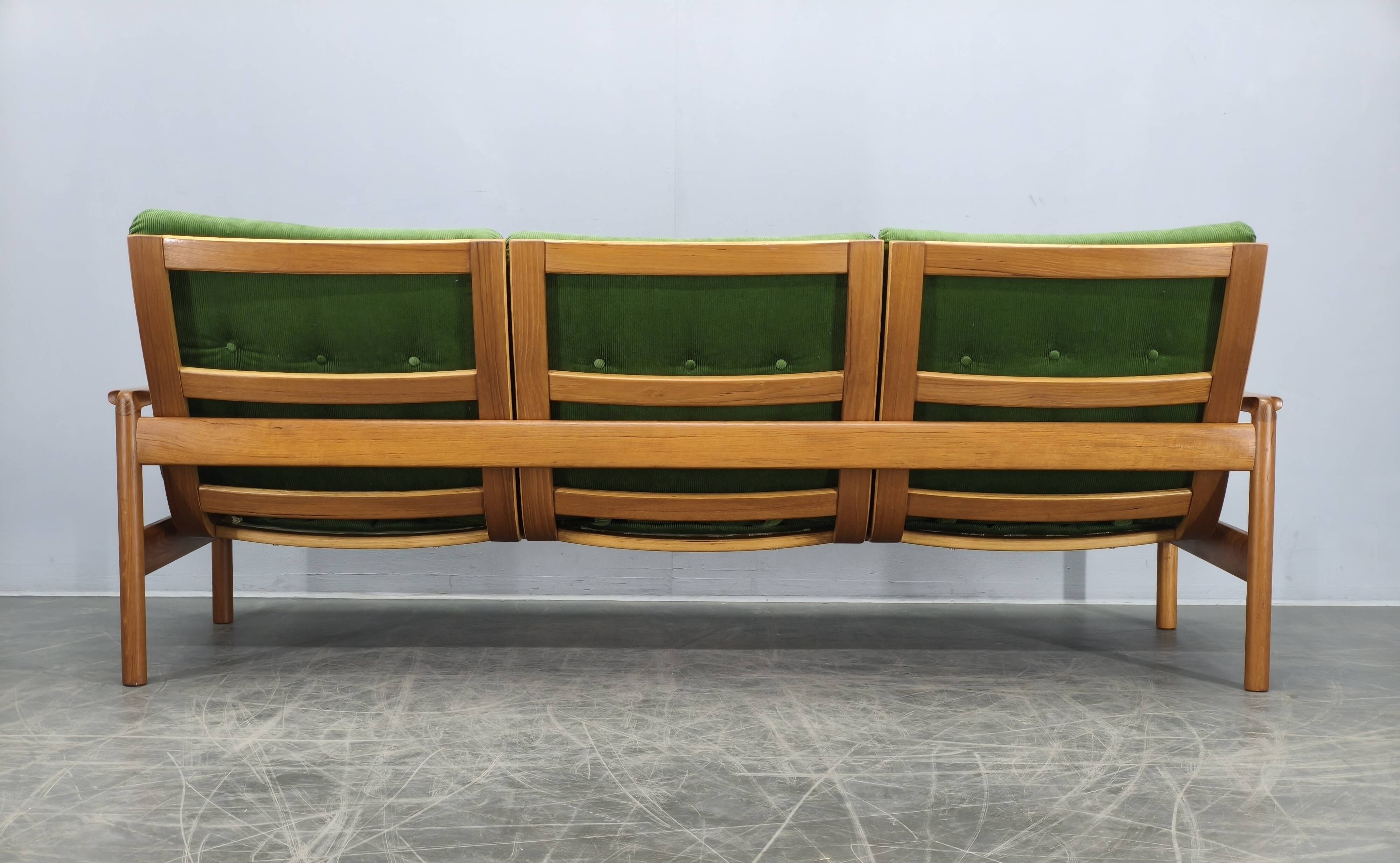 Danish Freestanding Teak Sofa in Green Corduroy, 1970s