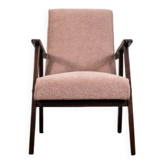 Fauteuil bouclé rose vintage 1960