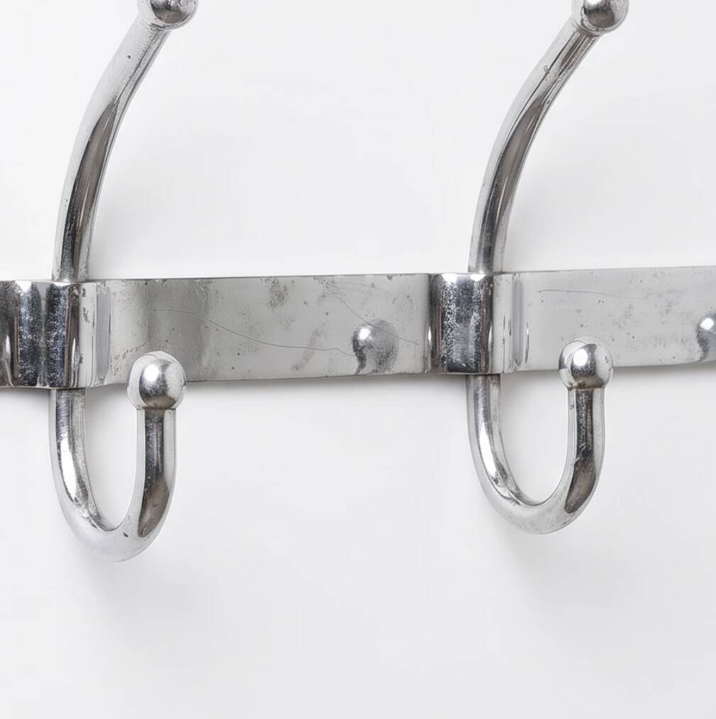 Vintage chrome wall coat rack with 3 double hooks, modernist design.