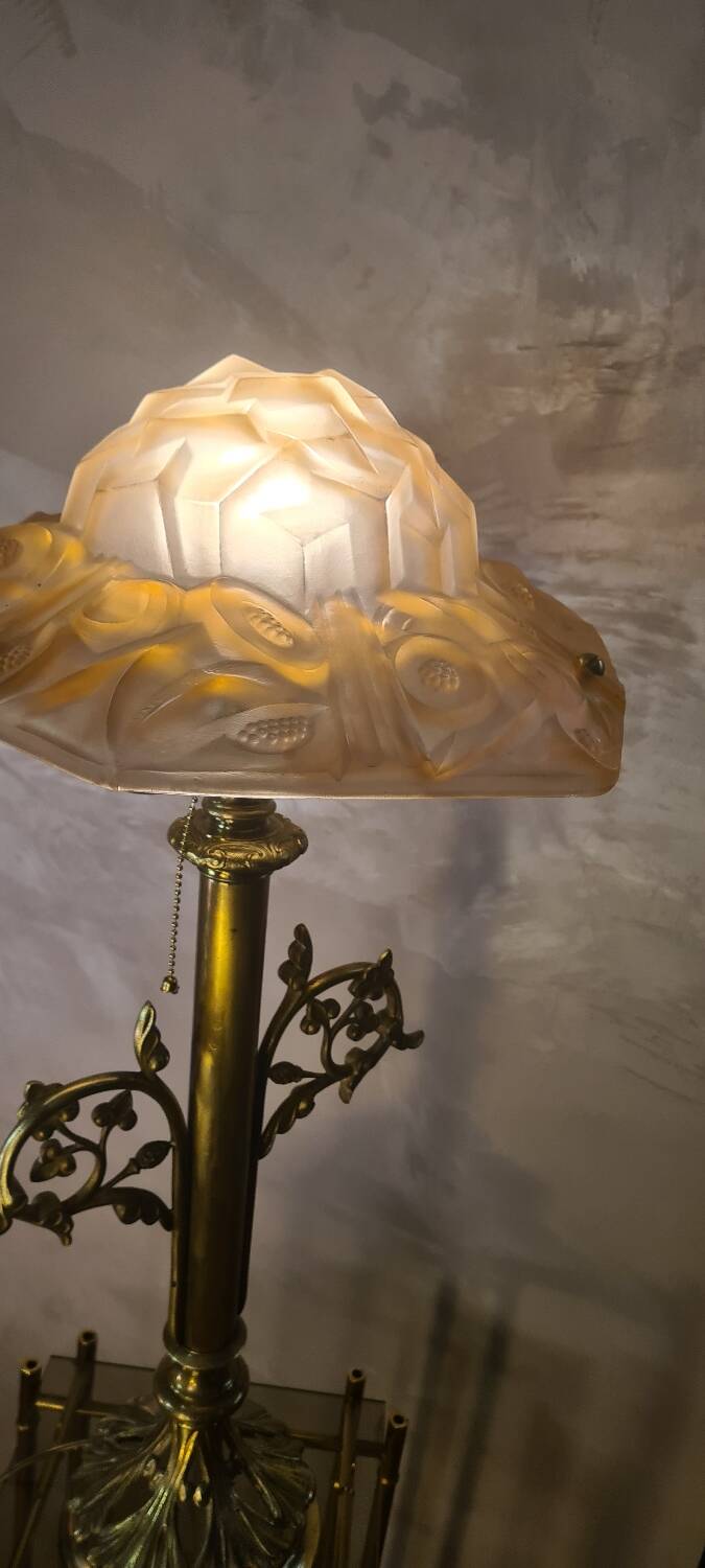 art nouveau bronze and brass lamp and lampshade signed opaque pink degue