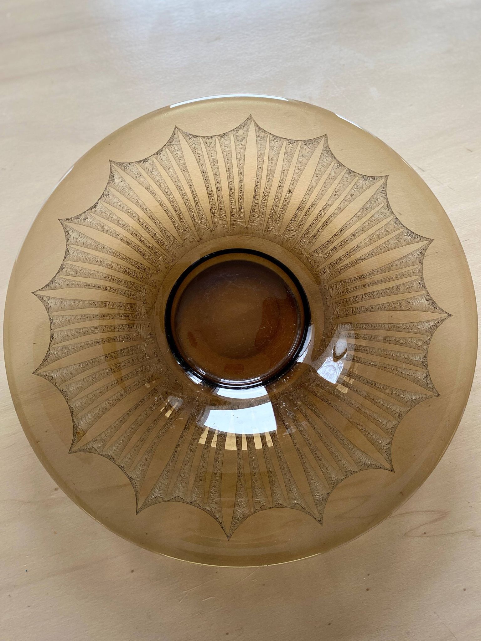 Old Verrex smoked glass fruit bowl, with a radius decoration cut into the glass