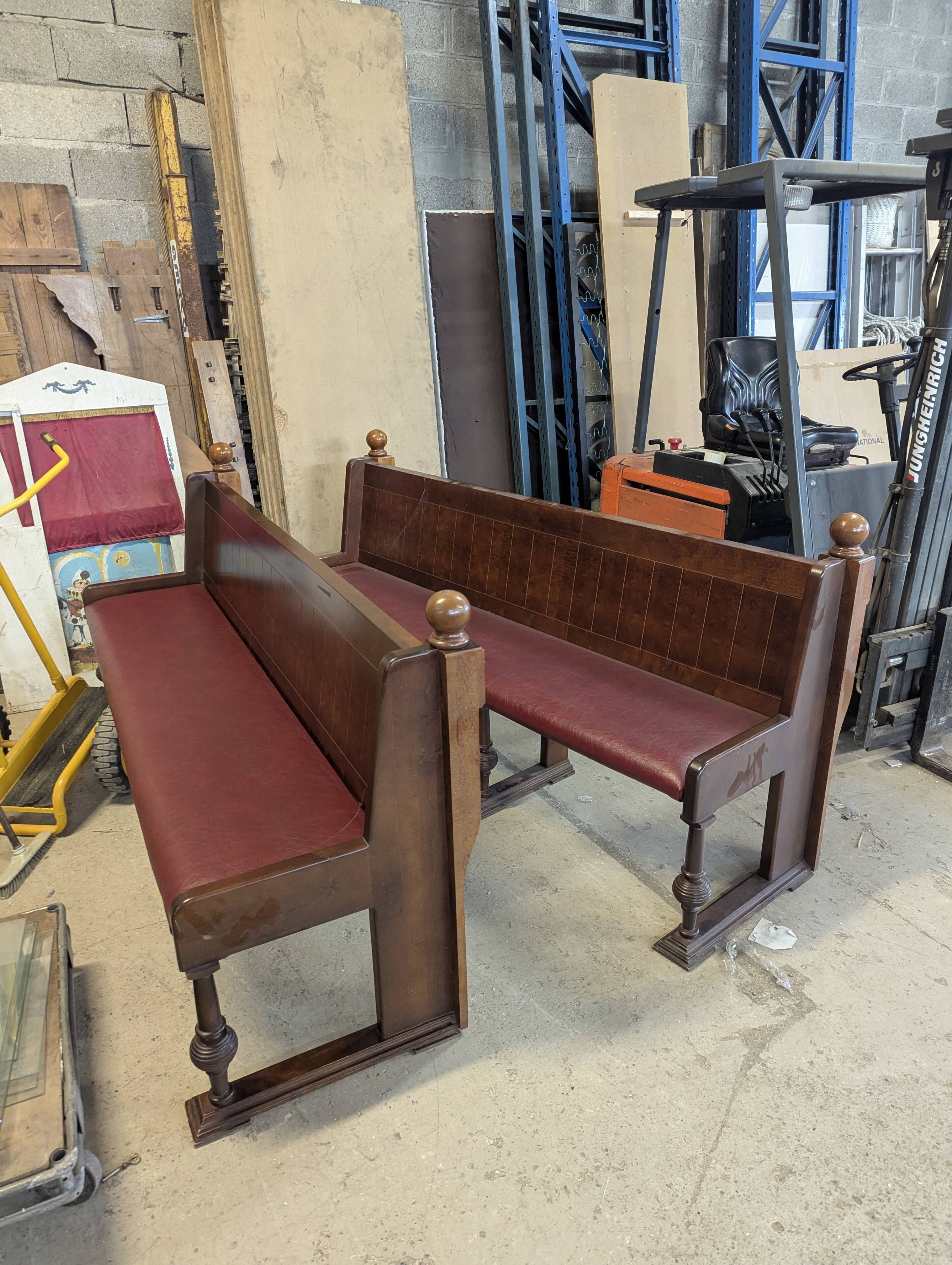 Art Deco brasserie bench in oak and bordeaux leatherette seat 220 cm