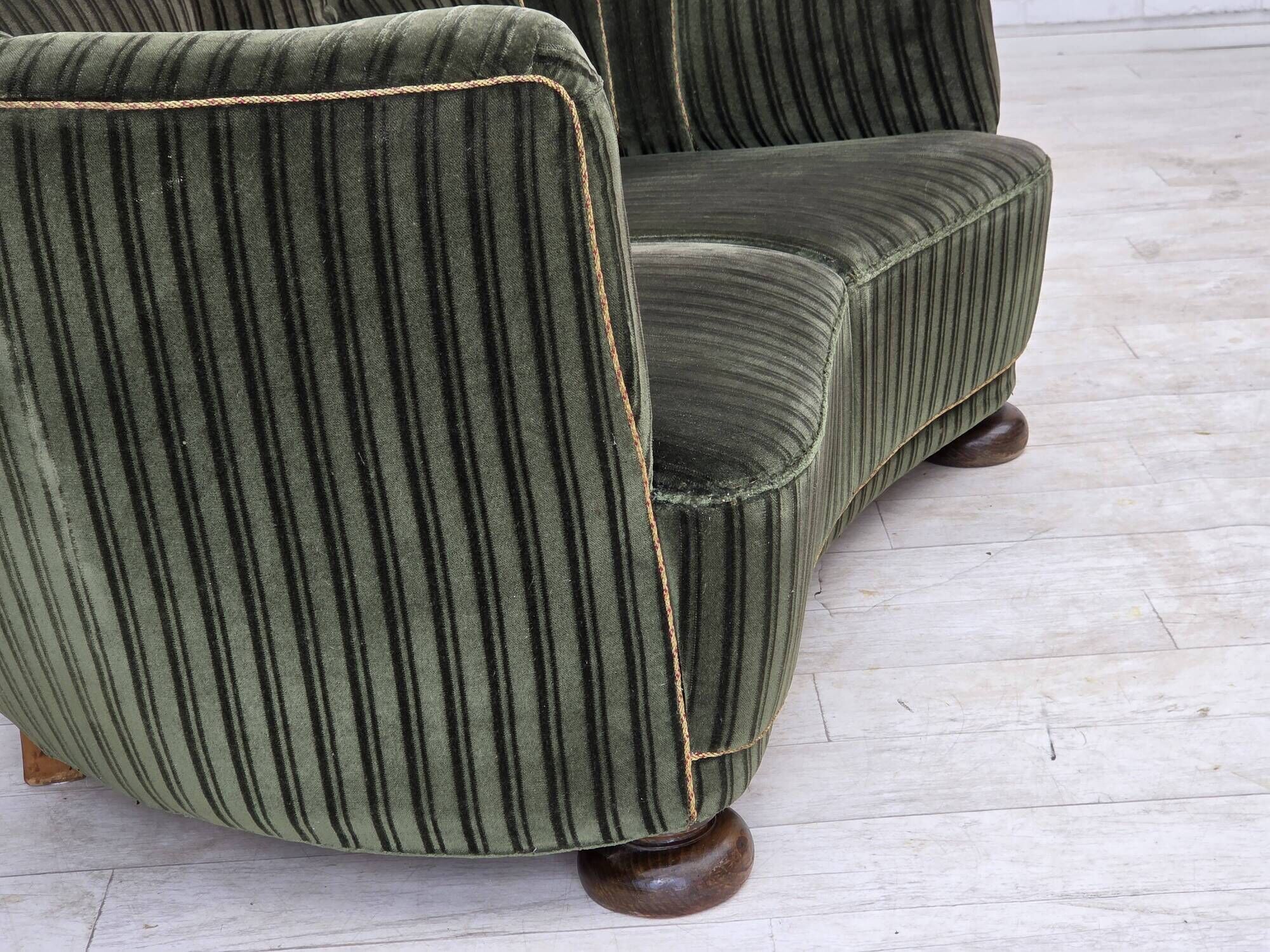 1960s, Danish 2-seater curved sofa, furniture velour, oak wood.
