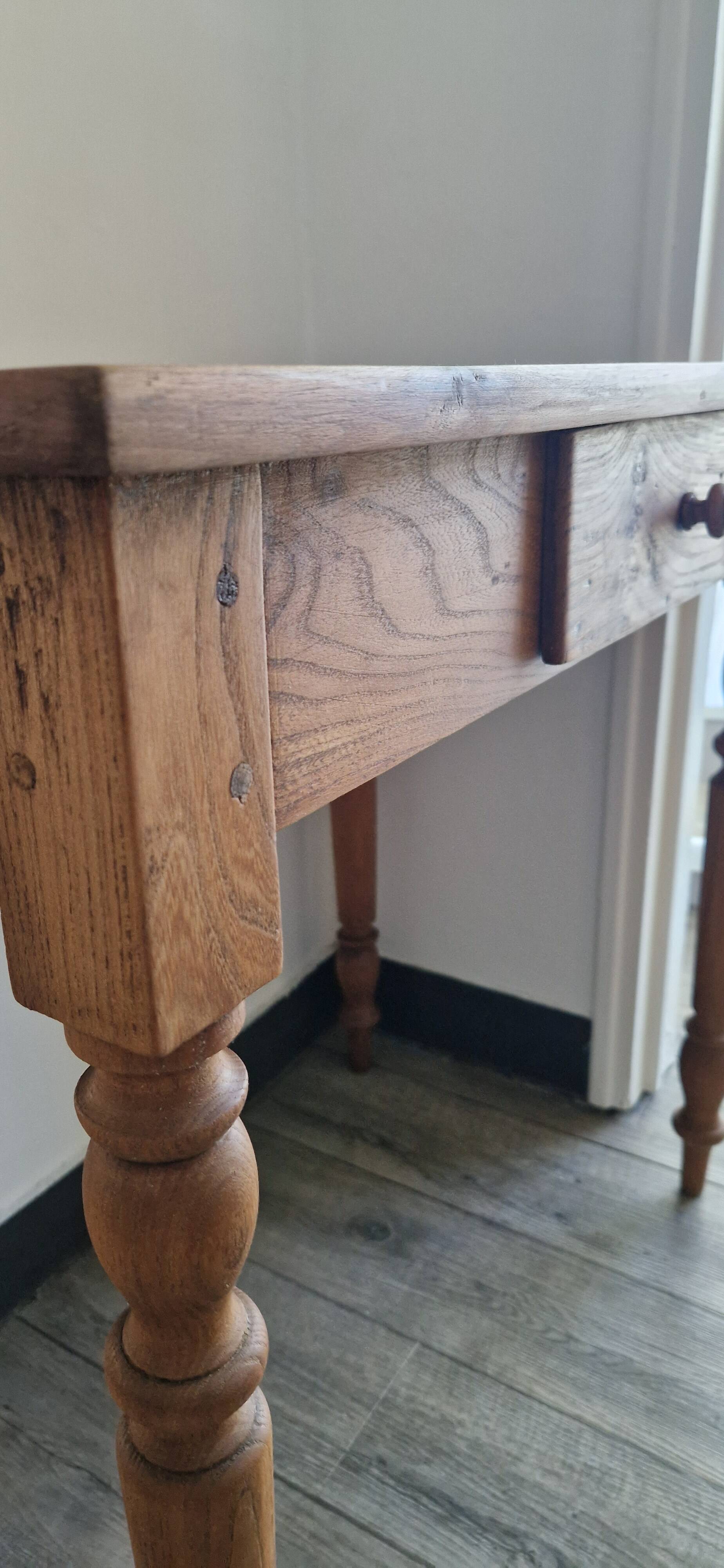 Antique writing table, solid wood desk with turned legs
