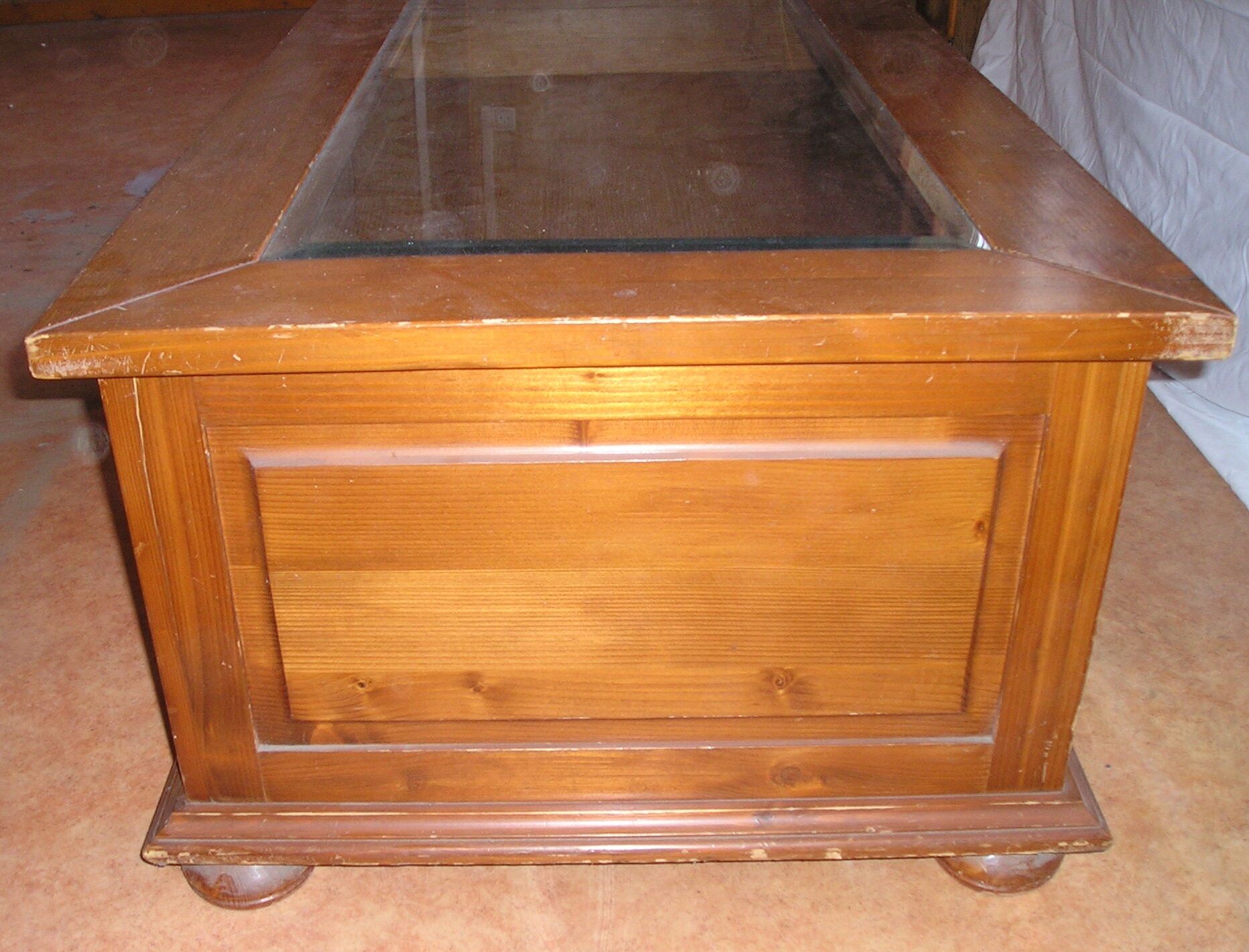 Coffee table top beveled glass and 3 drawers through