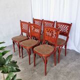 Vintage Italian Bistro Chairs - 1980s Reddish Wood, Brown Fabric - Set of 6