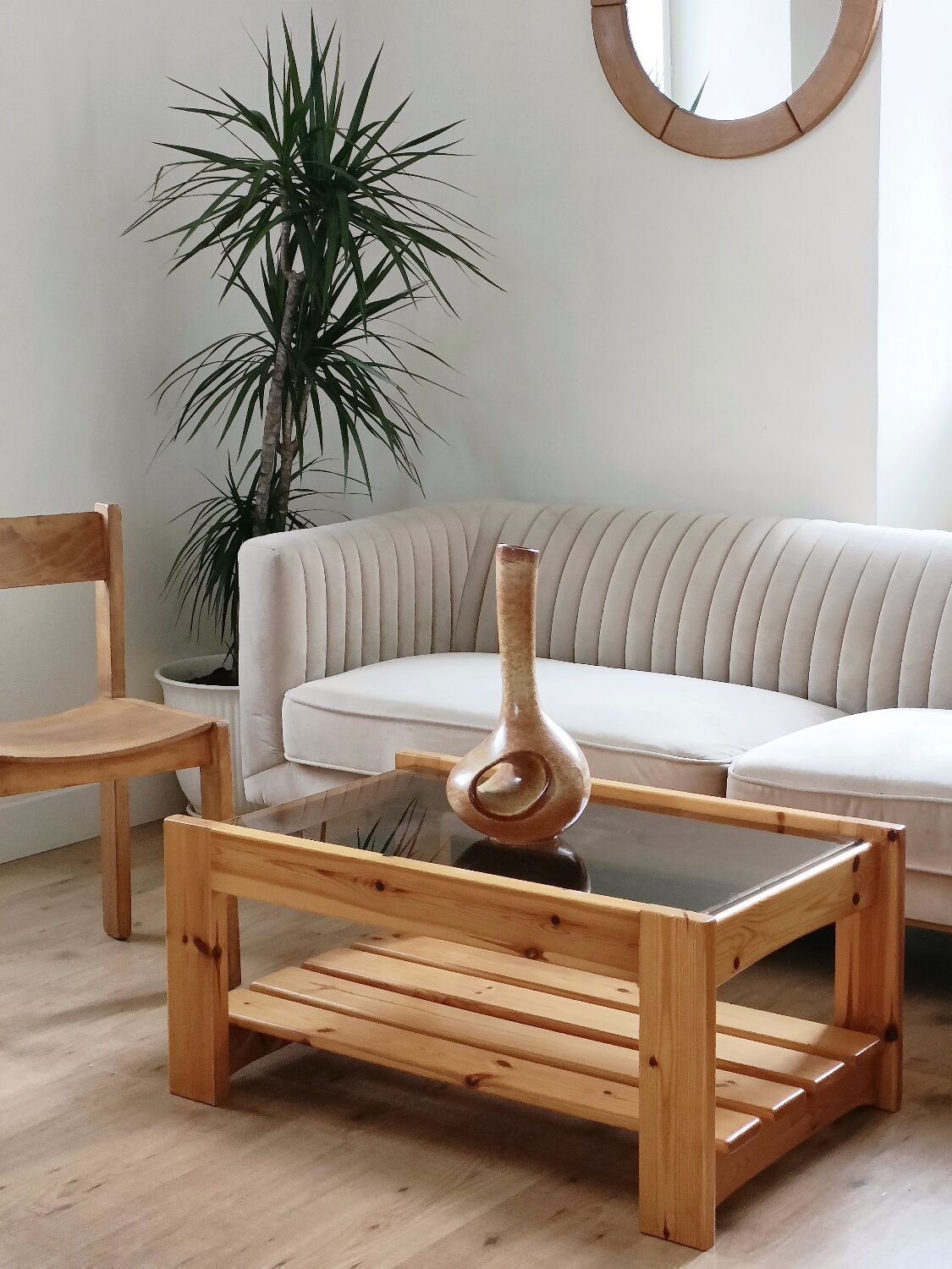 Vintage coffee table in pine and smoked glass, 1970-1980