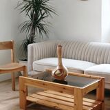 Vintage coffee table in pine and smoked glass, 1970-1980