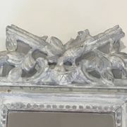 Louis XVI Style Mirror in Carved Wood with Grey Patina and Dove Pediment