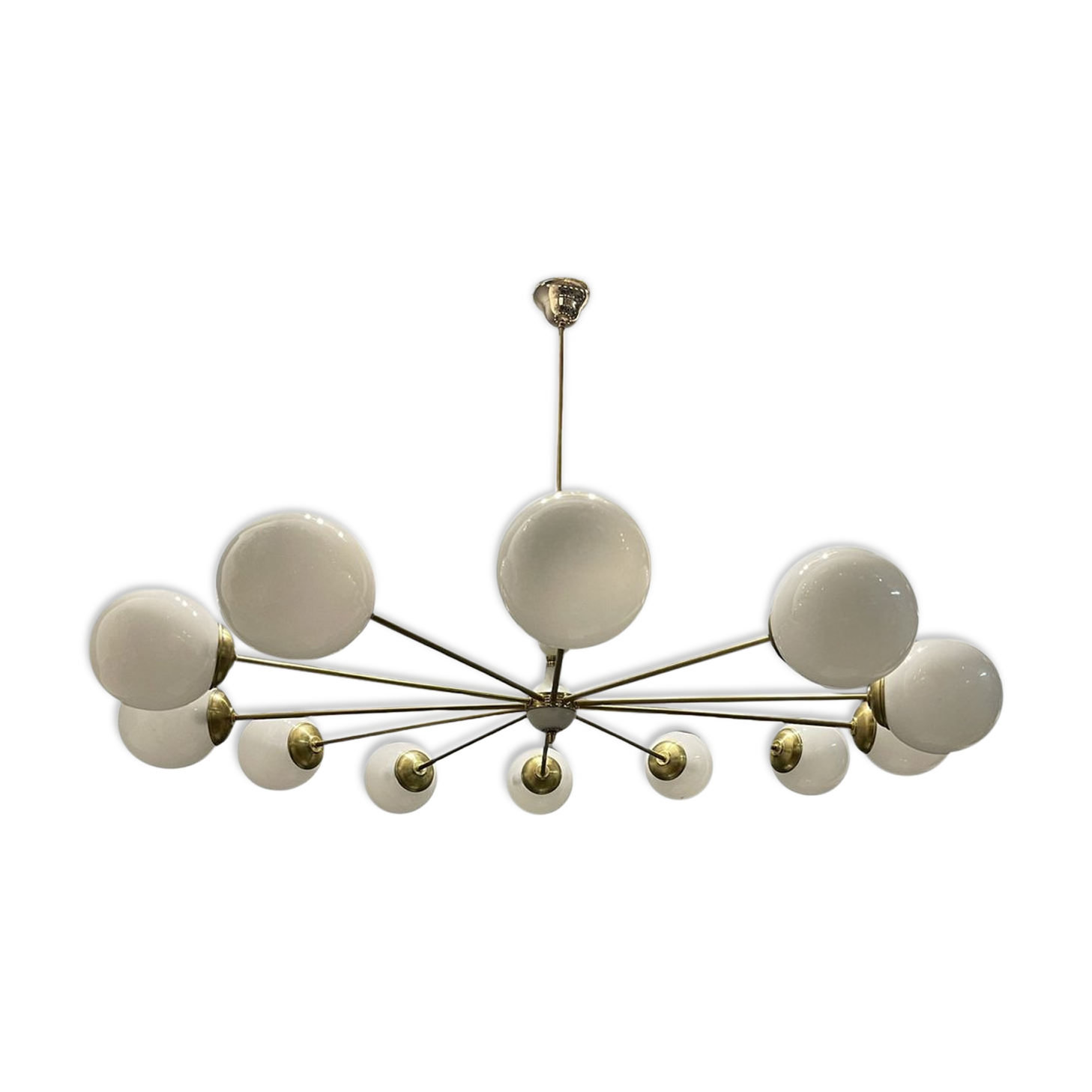 Opaline glass & brass sputnik chandelier with 12 lights, 1970s