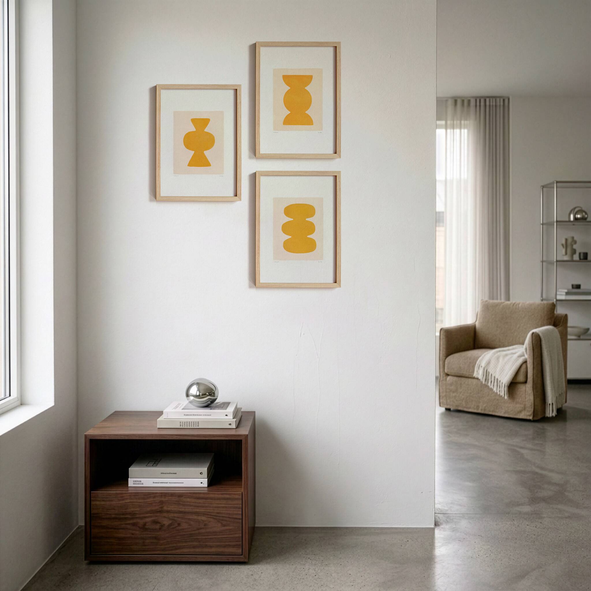 Set de 3 peintures abstraites jaune signée Eawy