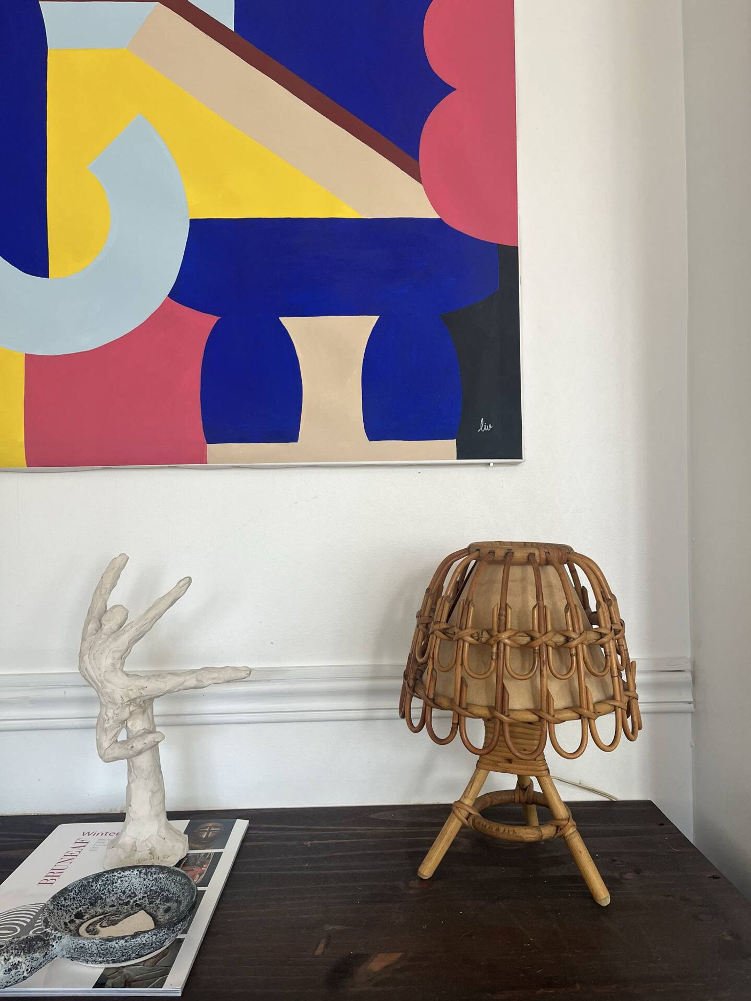 Mid-Century Rattan and Wicker Lamp by Louis Sognot, France, 1960s.