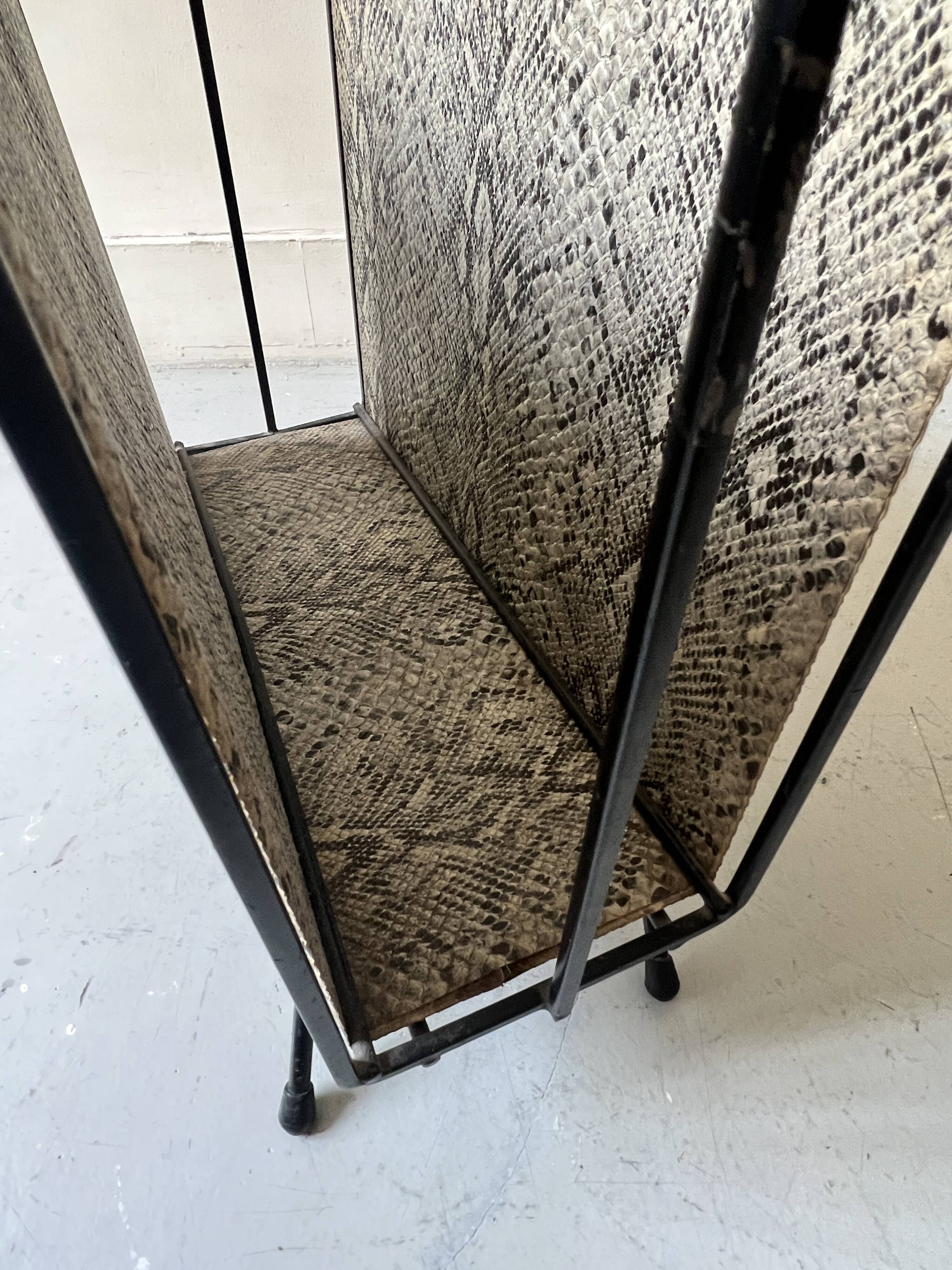 1970s design magazine rack in metal and python leather