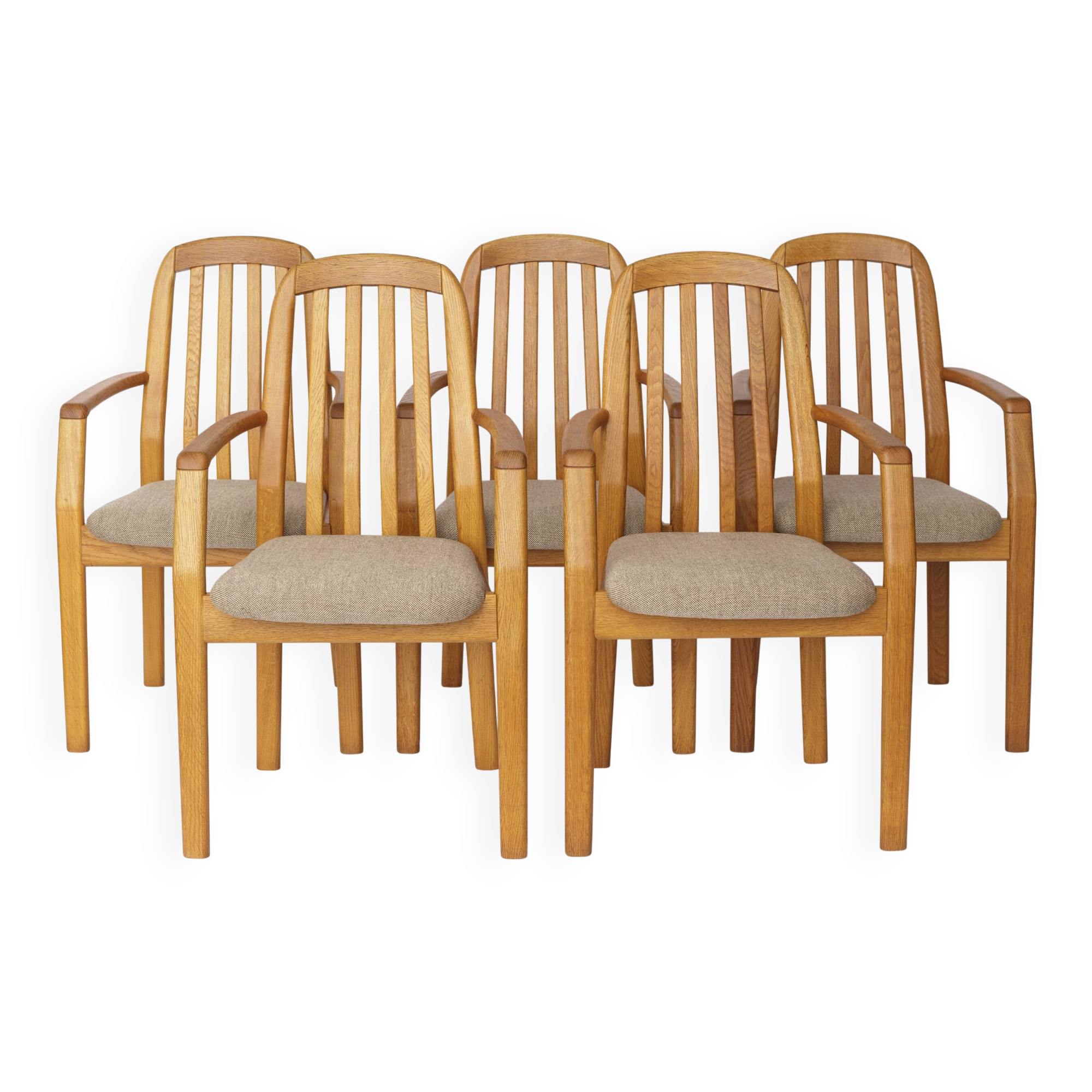 Set of 5 Dyrlund Oak Armchairs, Danish Mid Century Dining Chairs 1970s
