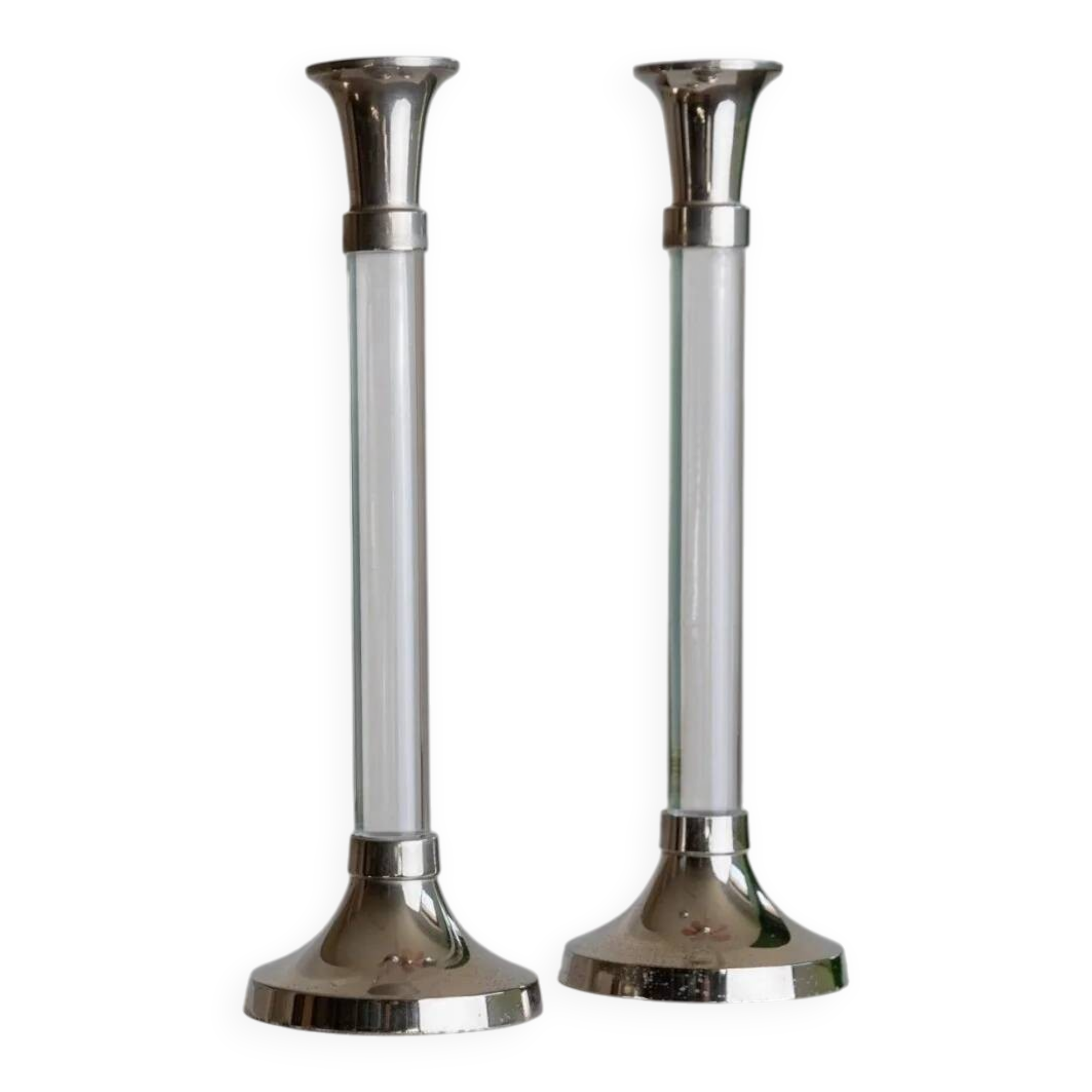 Two Vintage Candlesticks: Transparent Plexiglas & Chrome-Plated Metal, Italy 1970s Mid-Century Design