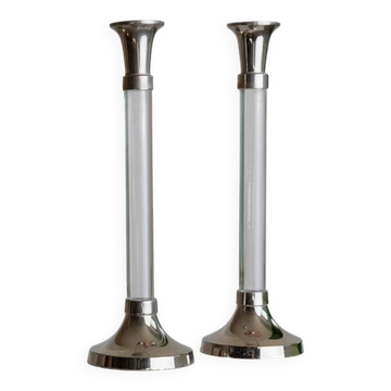 Two Vintage Candlesticks: Transparent Plexiglas & Chrome-Plated Metal, Italy 1970s Mid-Century Design