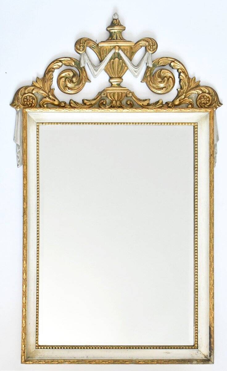 Miroir en bois laqué blanc et or à