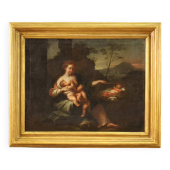 Antique Italian Painting Allegory Of Motherhood From The 18th Century