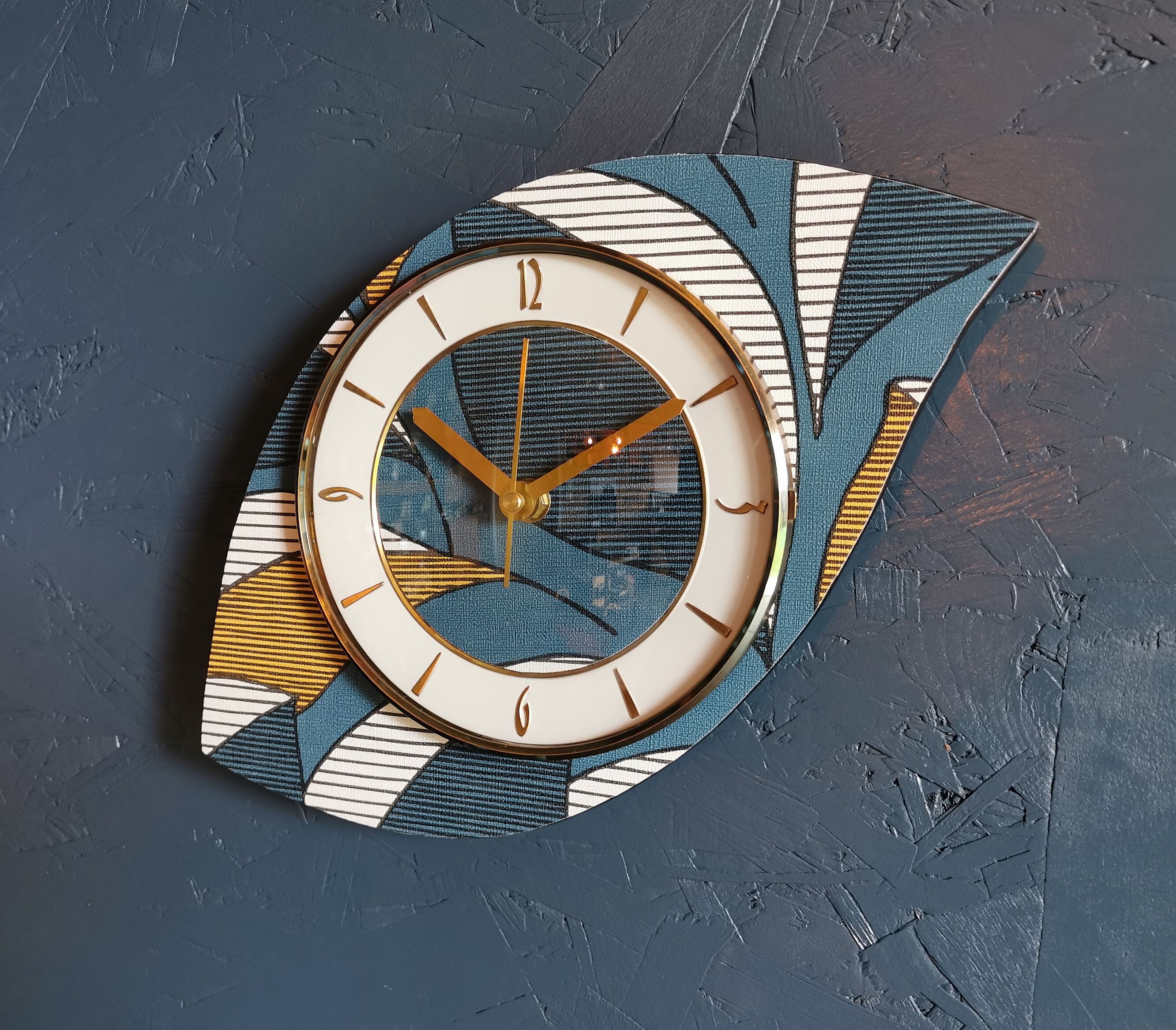 Vintage clock asymmetrical silent wall clock "Blue white ochre"