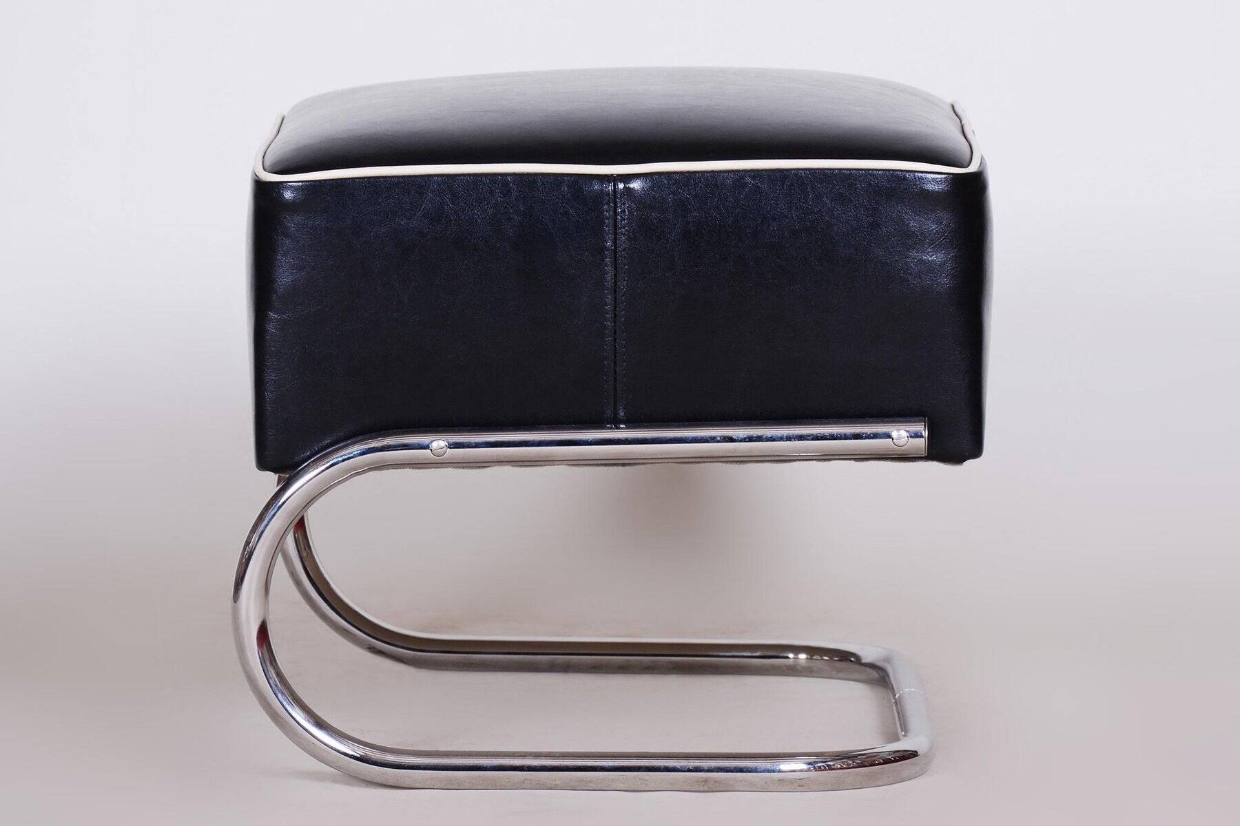 Black Leather Footstool from Slezák, Czechia, 1930s