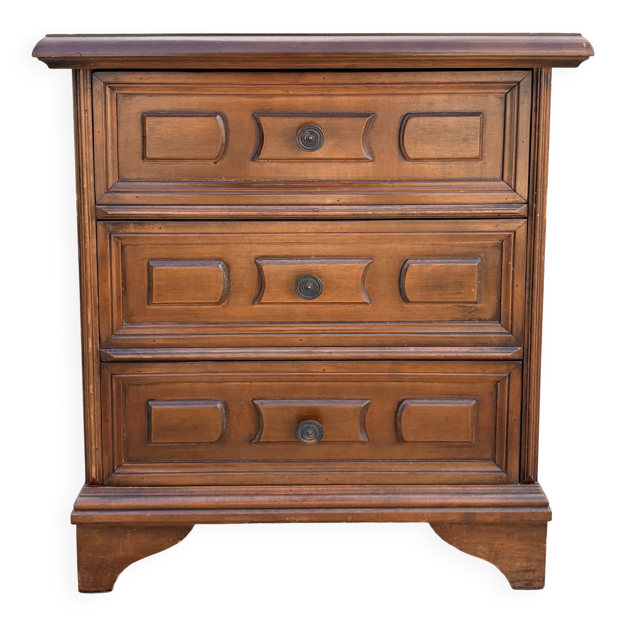 Vintage bedside cabinet with three drawers in moulded wood, Louis XV style.