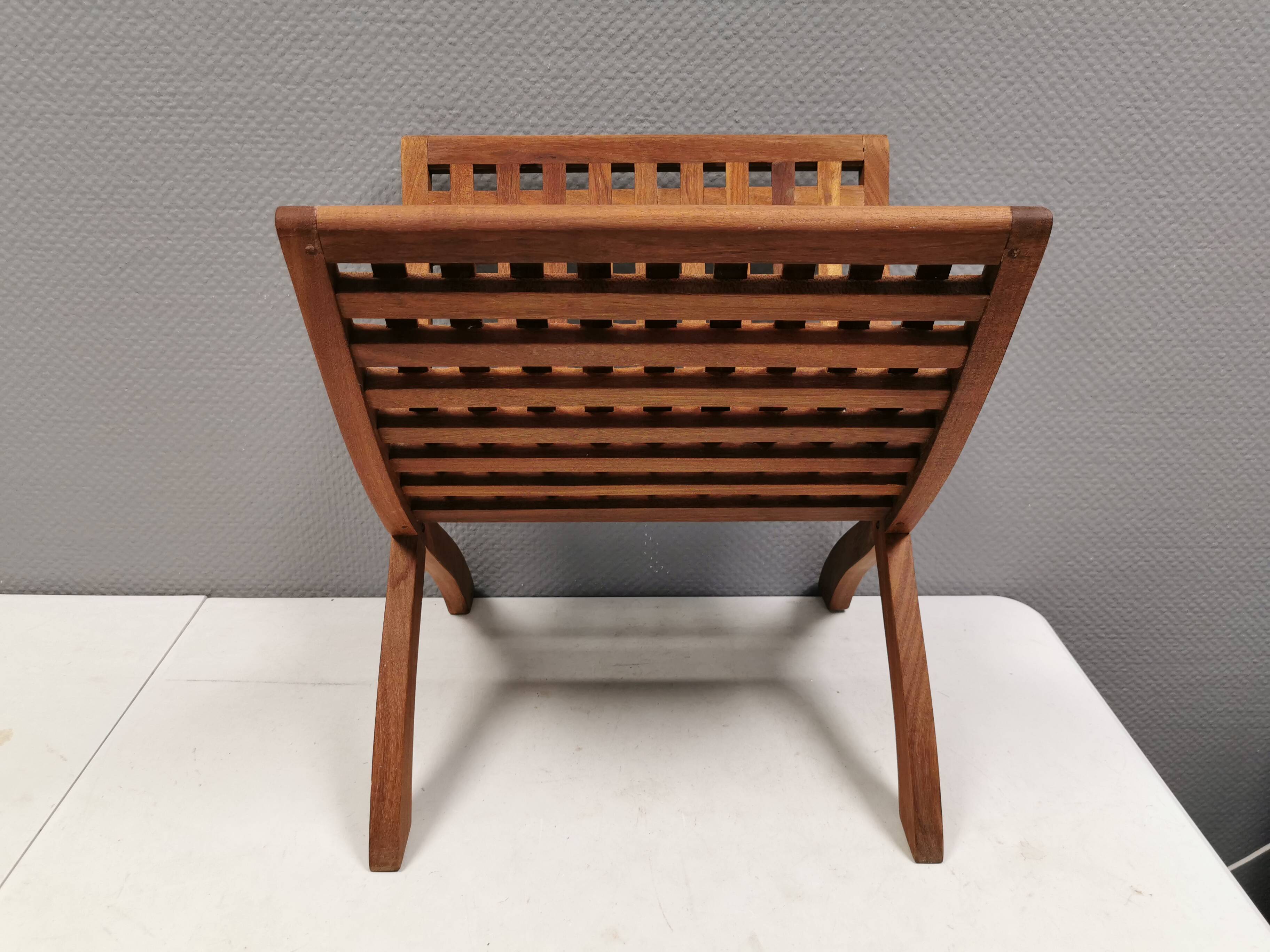 Teak newspaper/magazine rack, Danish, estimated 1970s–80s.