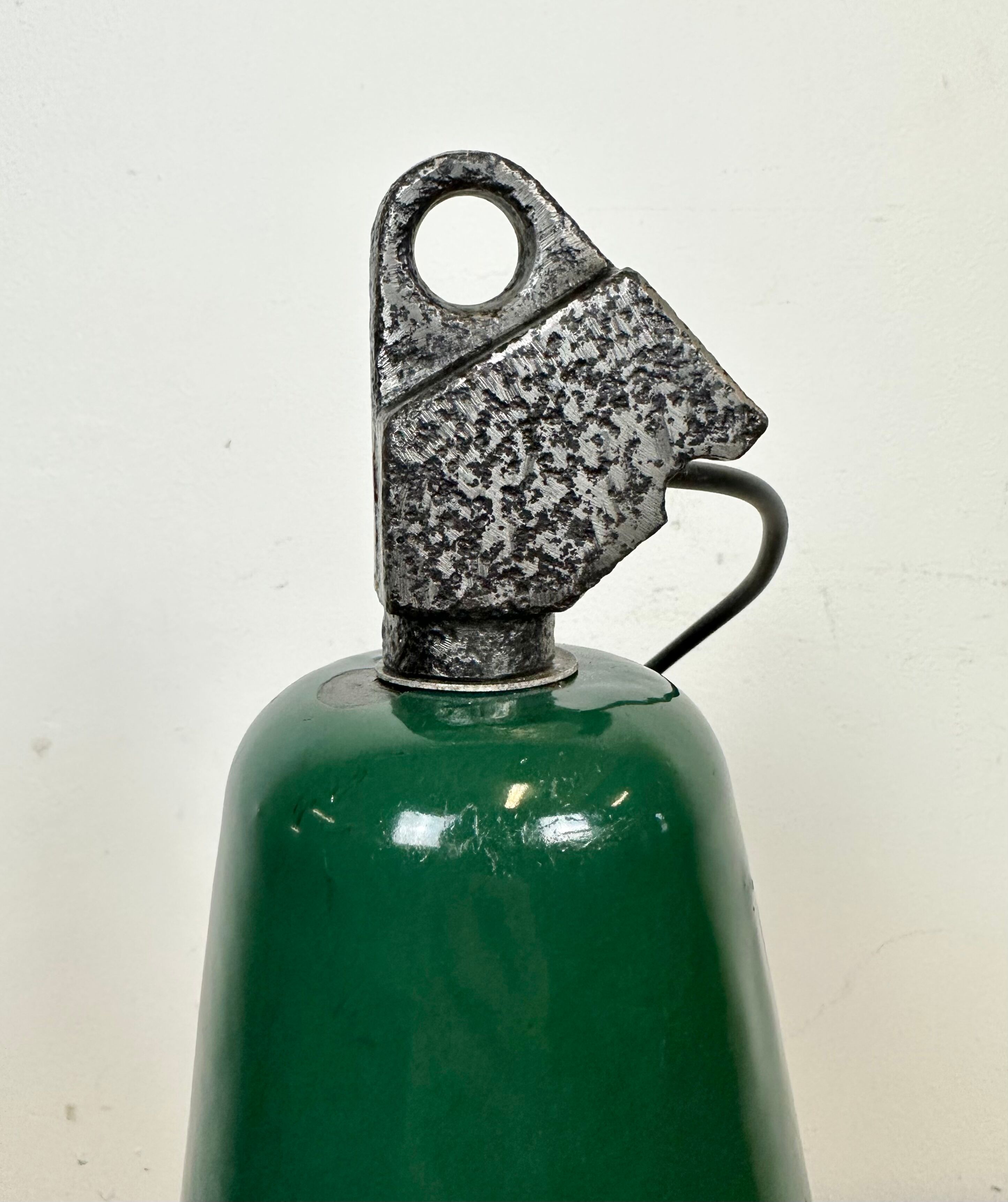Industrial green enamel factory lamp with cast iron top, 1960s