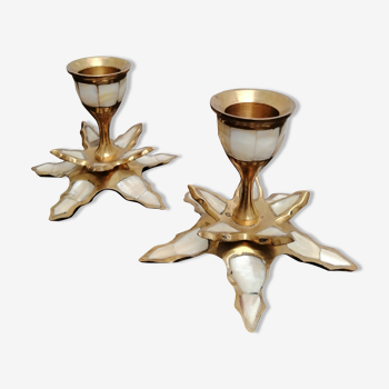 Mother-of-pearl palm and brass candlesticks