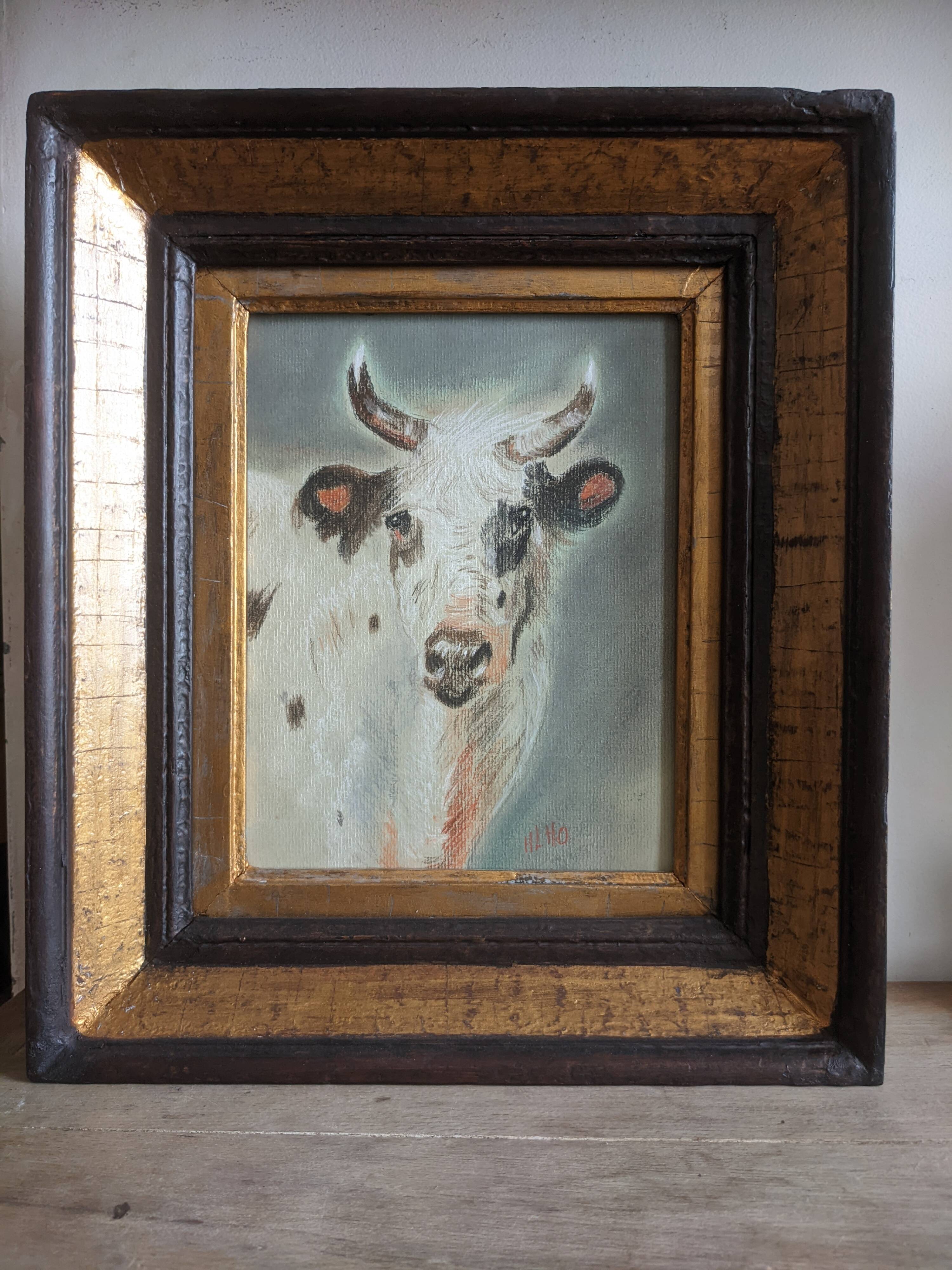 Animal pastel, study of a white cow.
