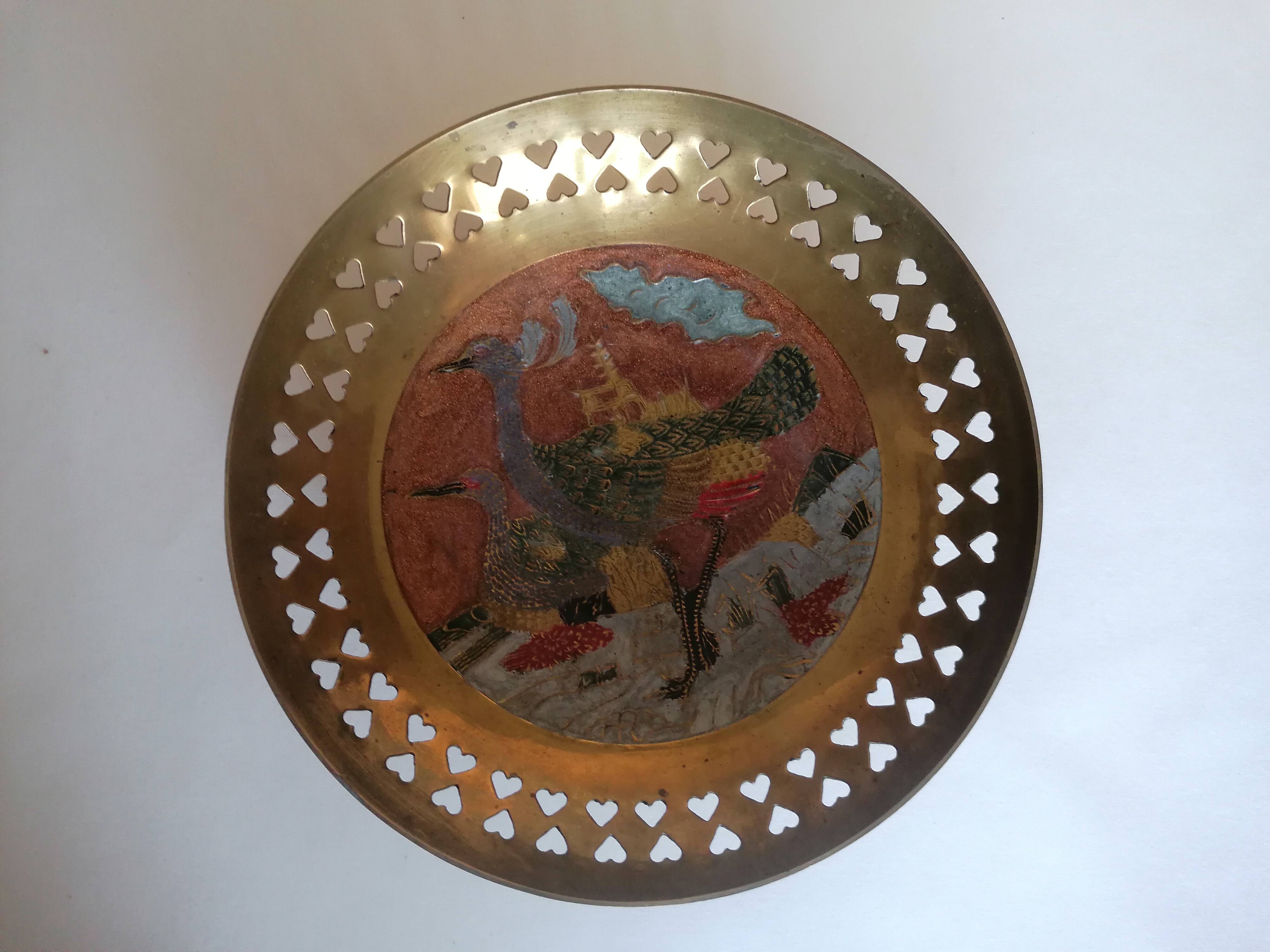 Enamelled brass bowl with peacock decoration