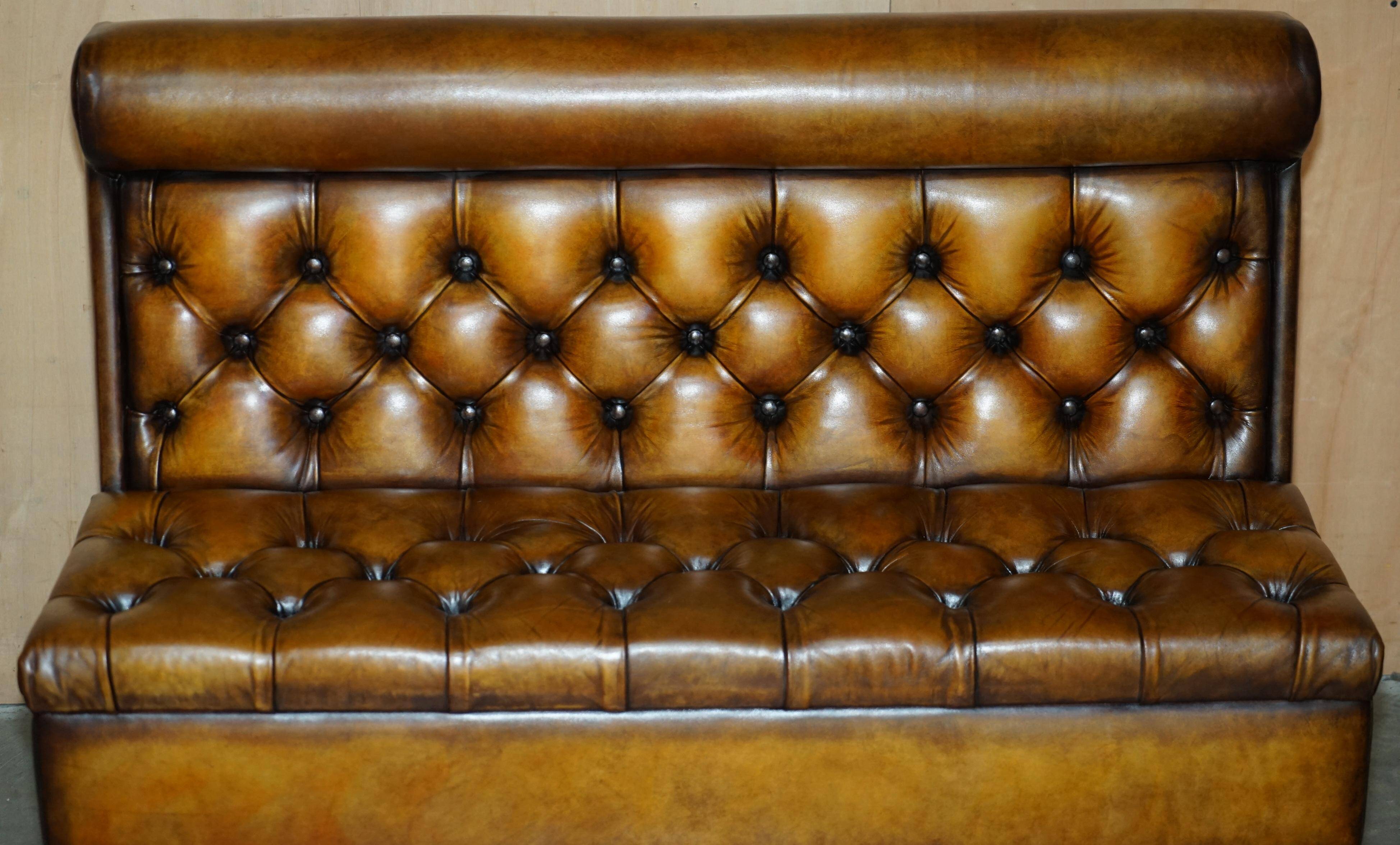 Pair of Victorian Chesterfield pub benches in leather.