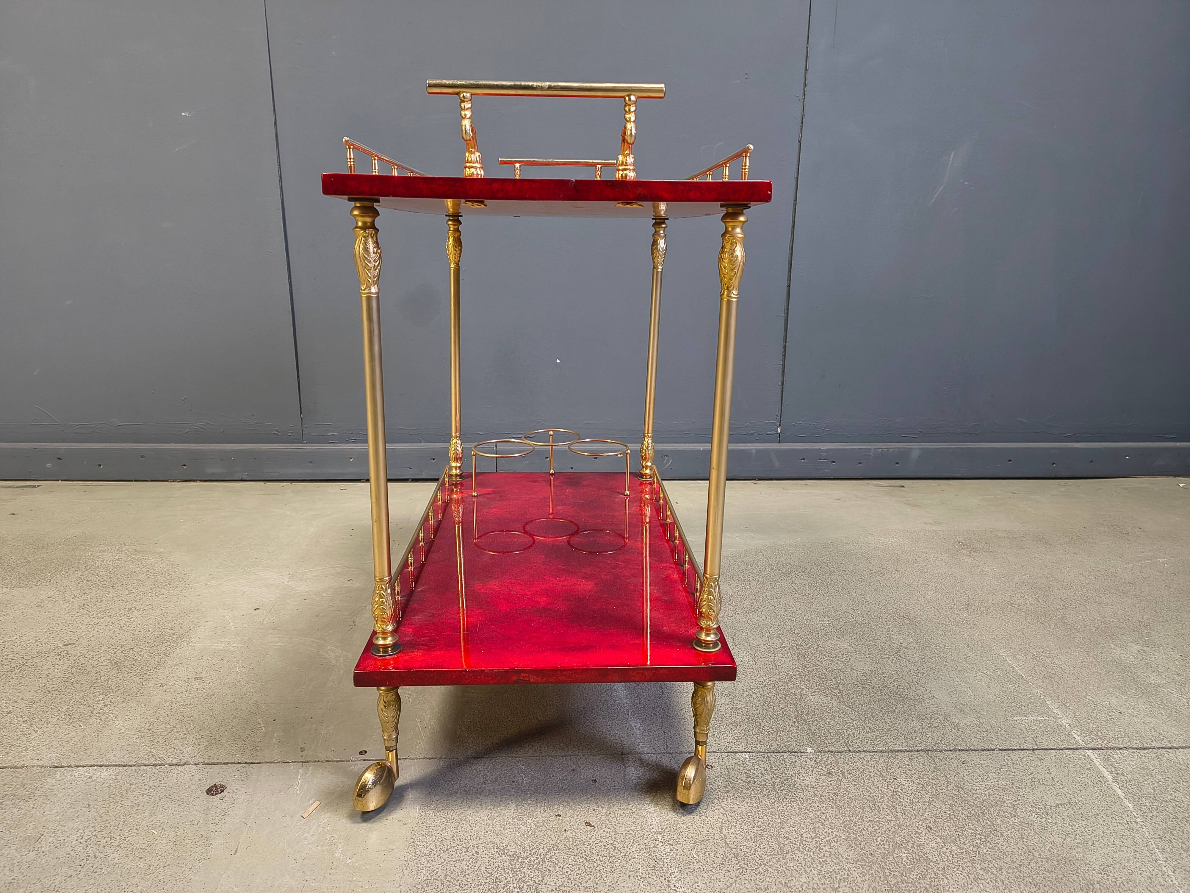 Rare Italian lacquered goatskin / parchment serving bar cart by Aldo Tura, 1960s