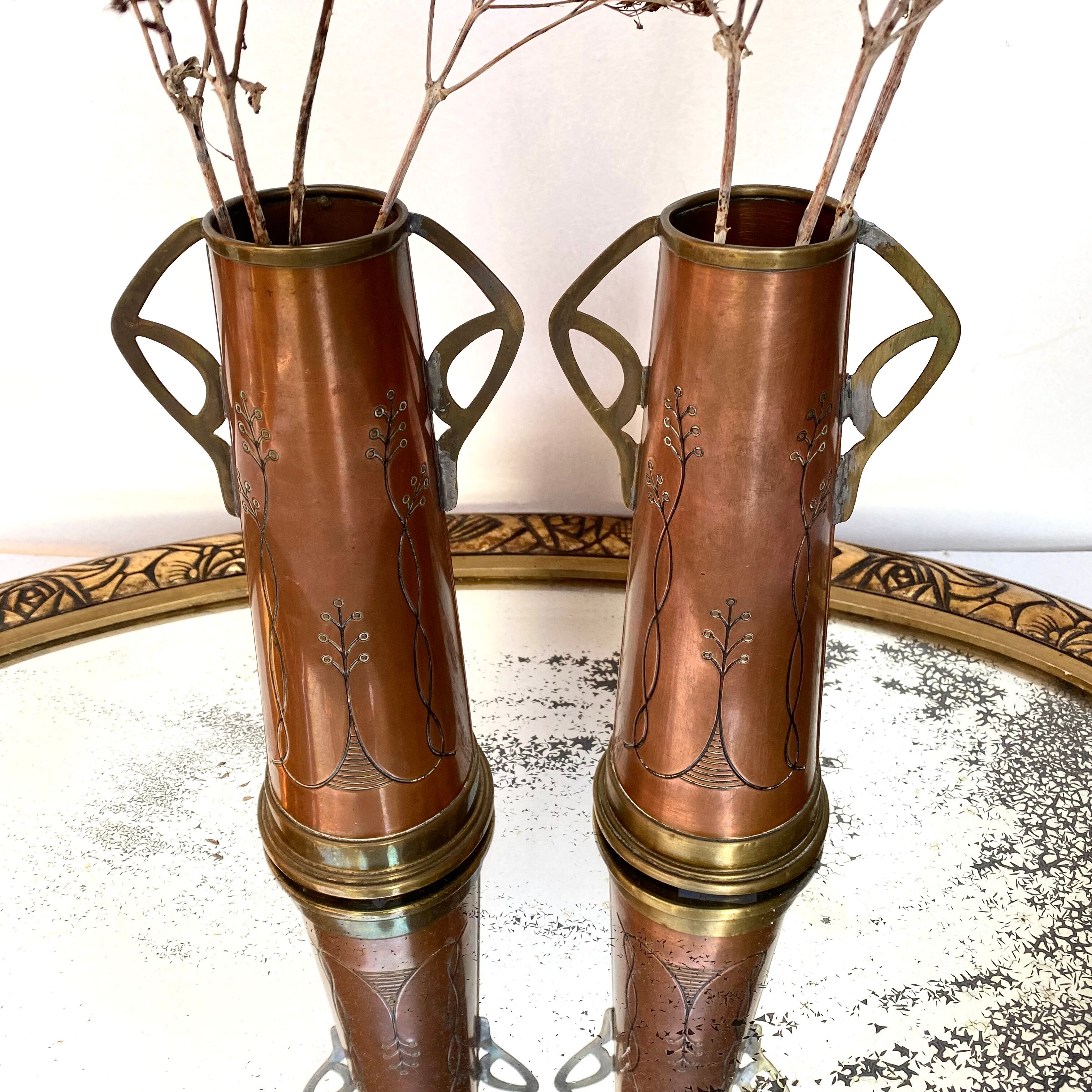 Pair of GBN art deco copper and brass vases