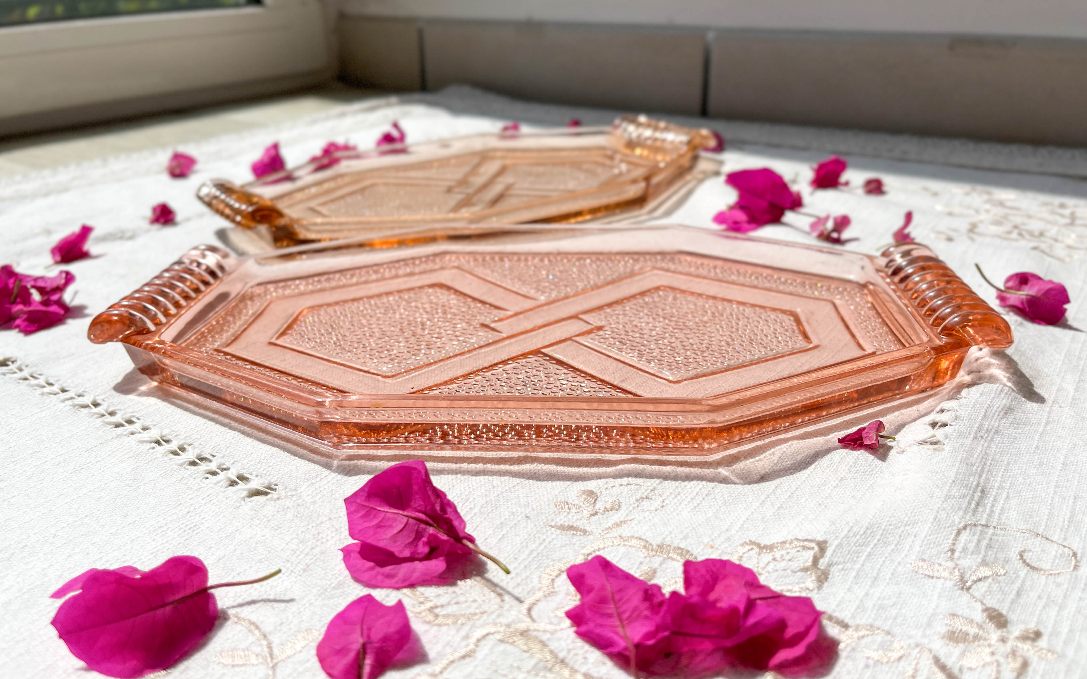 Small art deco pink glass serving trays