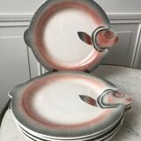 set of 6 fish plates in slip Digoin Sarreguemines 50s